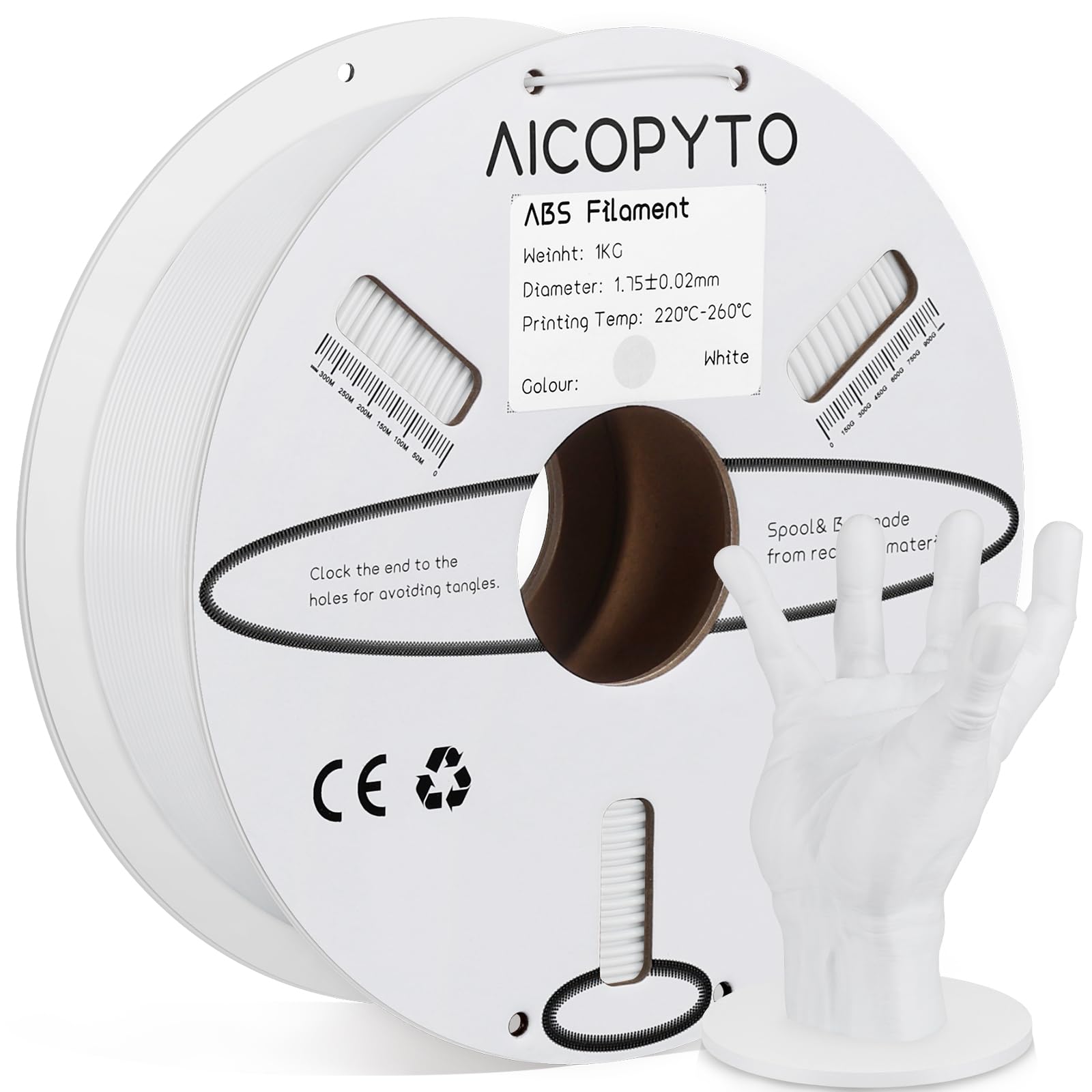 AICOPYTO ABS Filament 1.75mm, 3D Printer Filament Dimensional Accuracy +/- 0.02mm, 1KG Cardboard Spool (2.2 lbs) 3D Printing Fit