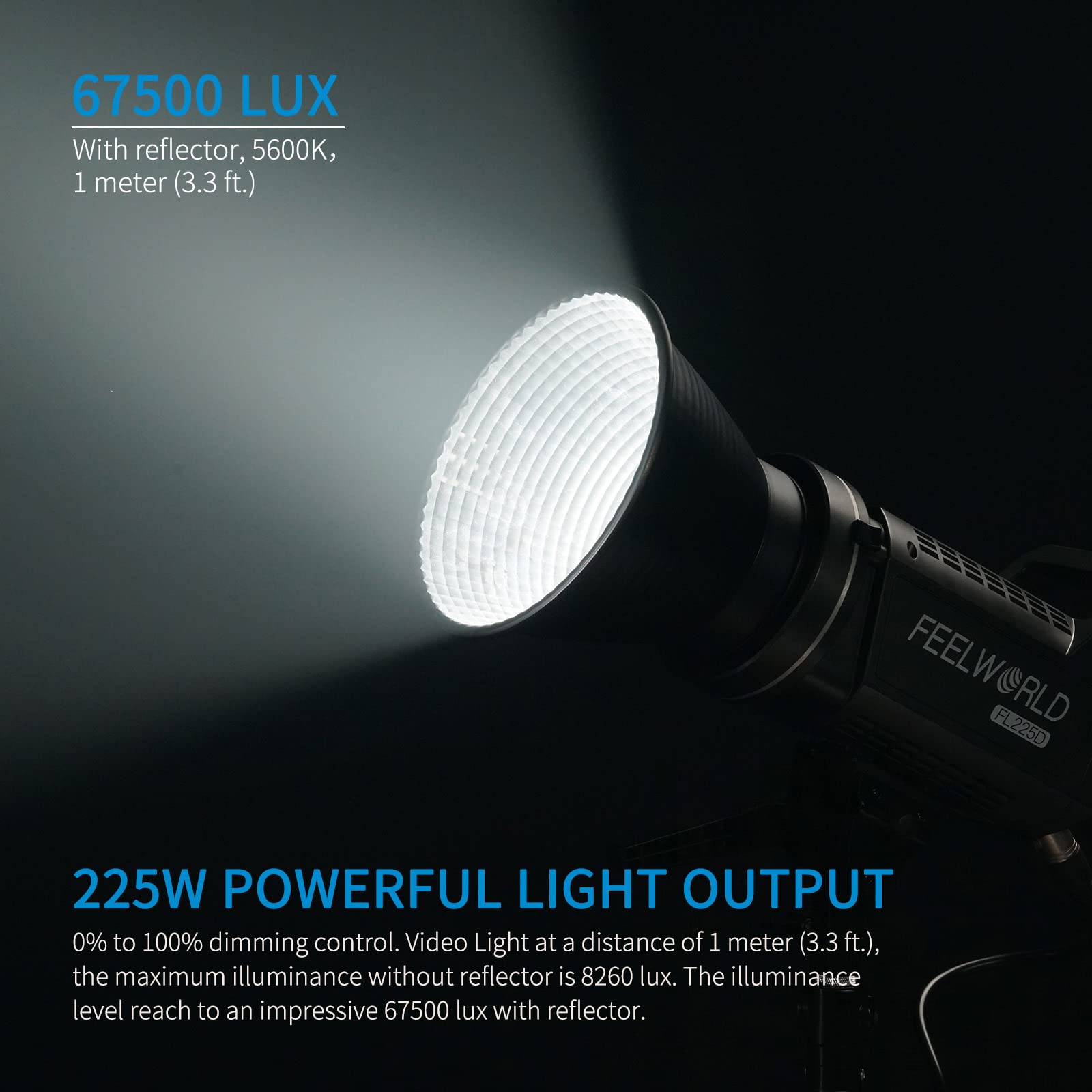 Feelworld Fl225D 5600K Daylight Video Studio Light 225W Continuous Lighting Cri96+ Tlci97+ 67500Lux@1M For Film, Live Streaming,