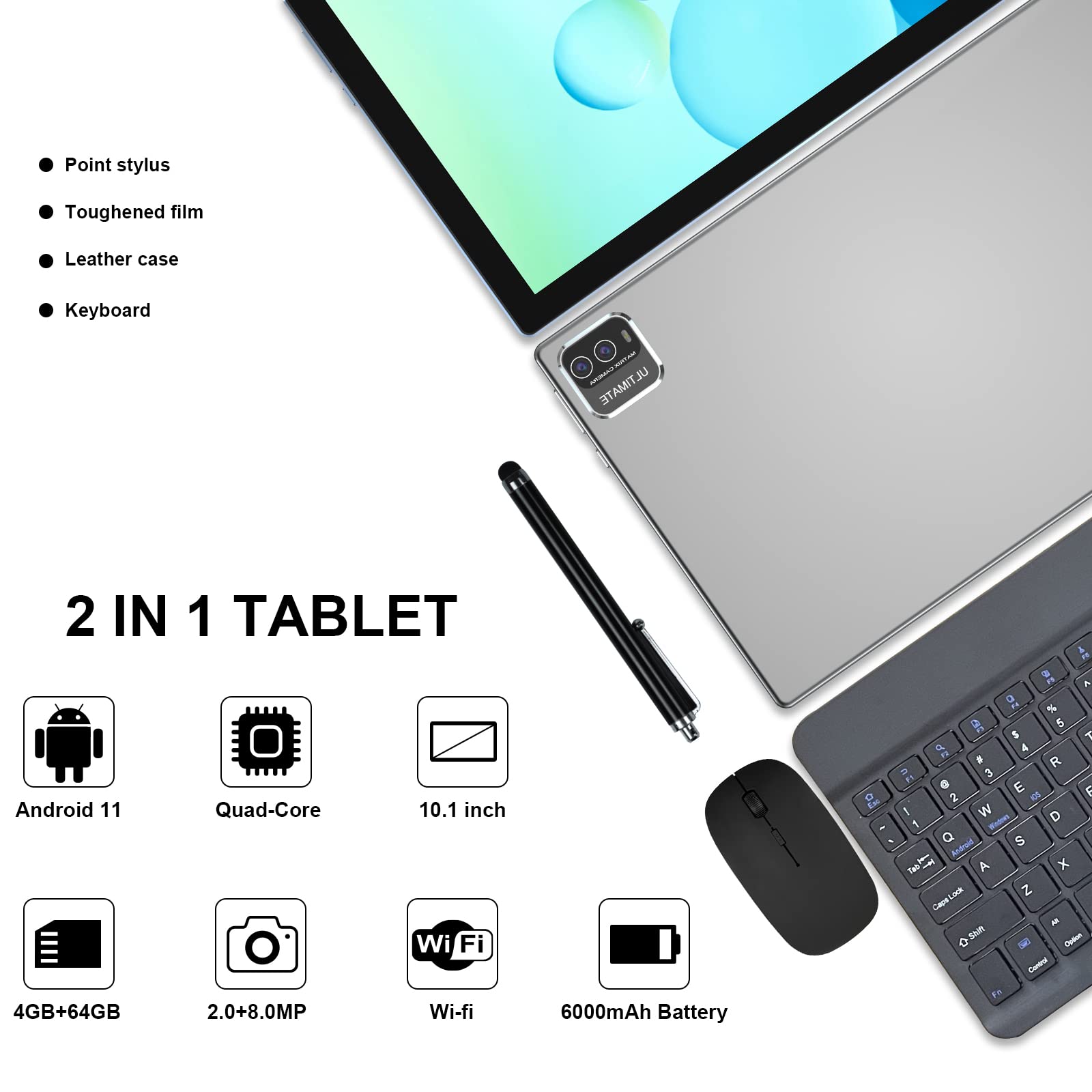 Atozee 10.1 Inch Tablet Pc With Keyboard Case, Mouse, Protective Film, Stylus, 64Gb Rom, 4Gb Ram, Android 11.0, Dual 8Mp Camera,