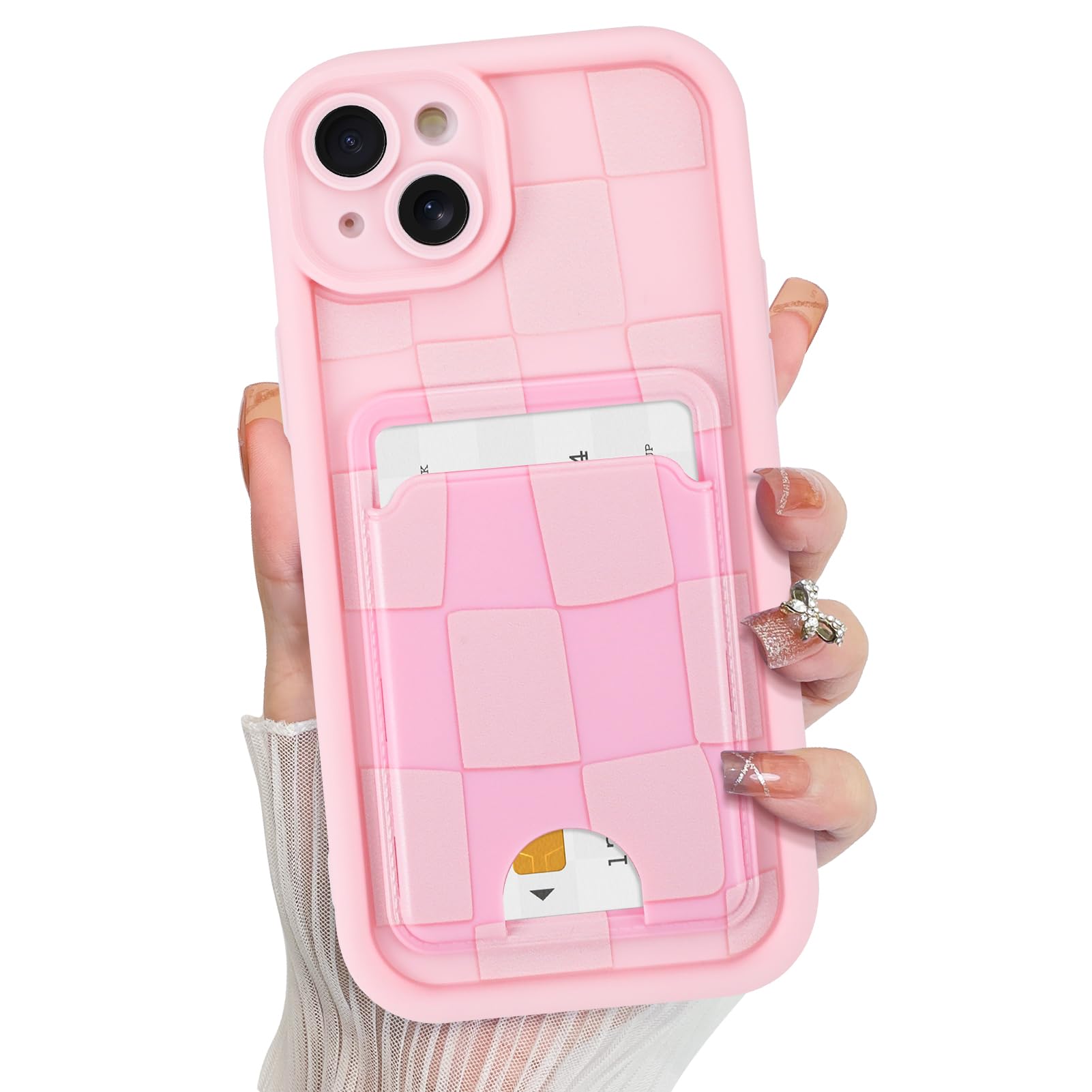 KANGHAR Compatible with iPhone 15 Case, Wallet Silicone Checkered Cute Pattern, Card Holder Camera Protection Soft Slim Shockpro