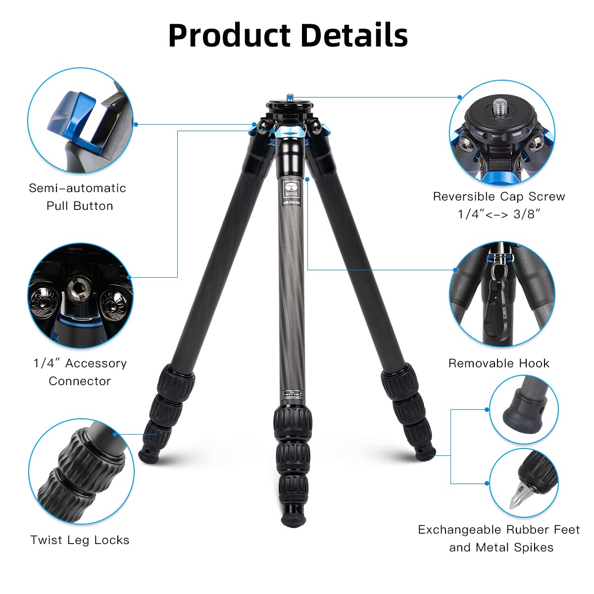 Sirui 47.2 Carbon Fiber Tripod, Lightweight Compact Camera Tripod For Travel, 4-Section Legs, Twist Locks, Detachable Steel Spik