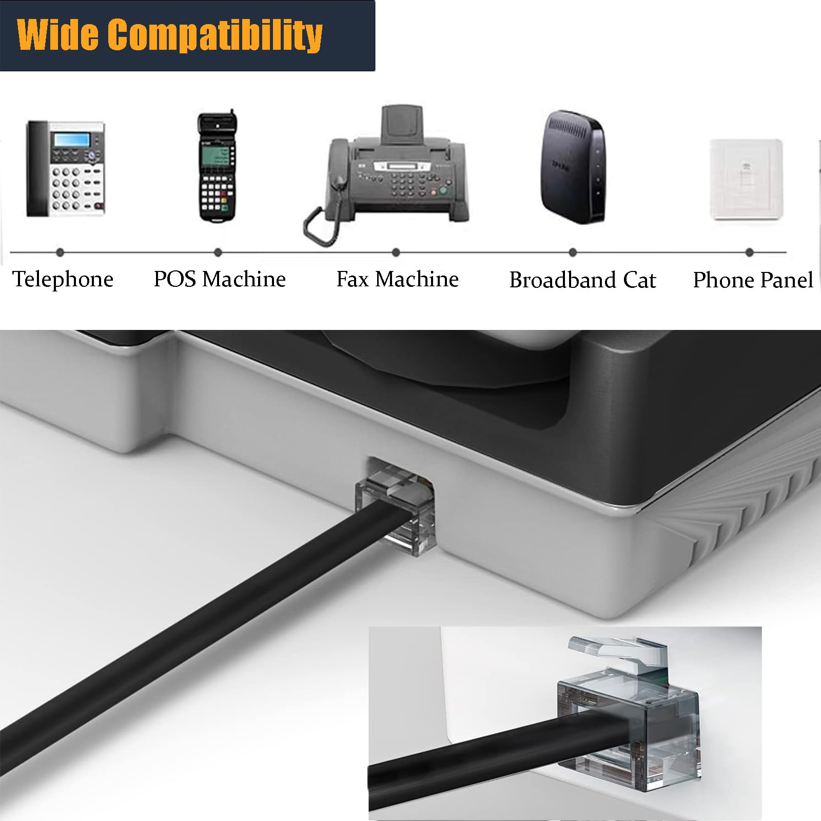 Yienfbev 25Ft Telephone Extension Cord Cable, Landline Phone Line Wire With Rj11 6P4C Plugs, Includes Cable Clips   Black   2 Pa