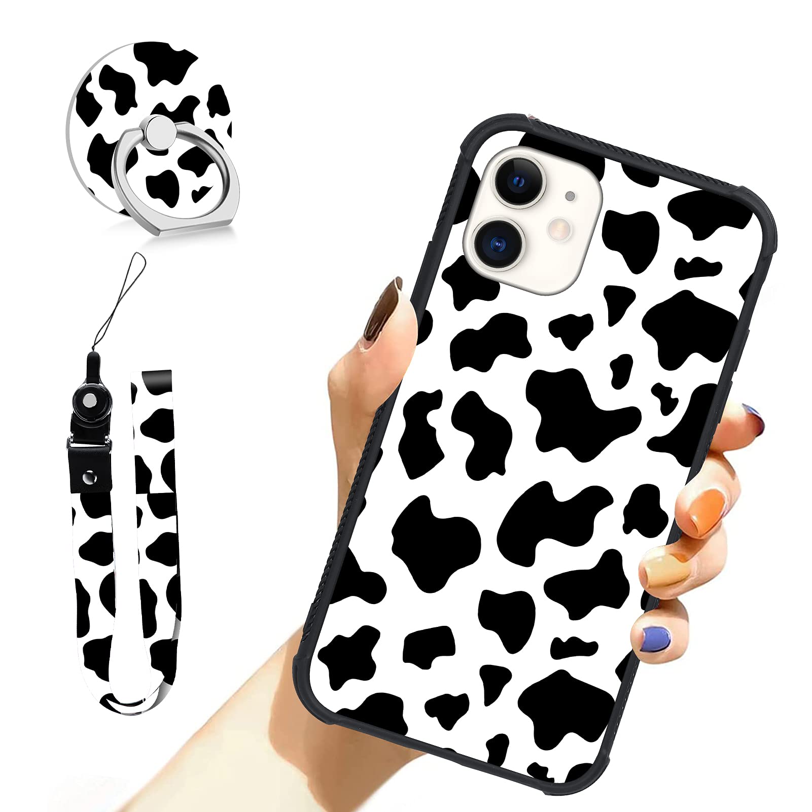 Ziye Designed For Iphone 11 Case Cow Print Hard Lanyard Case With Phone Ring Holder,Full Body Protection Shockproof Drop Protect