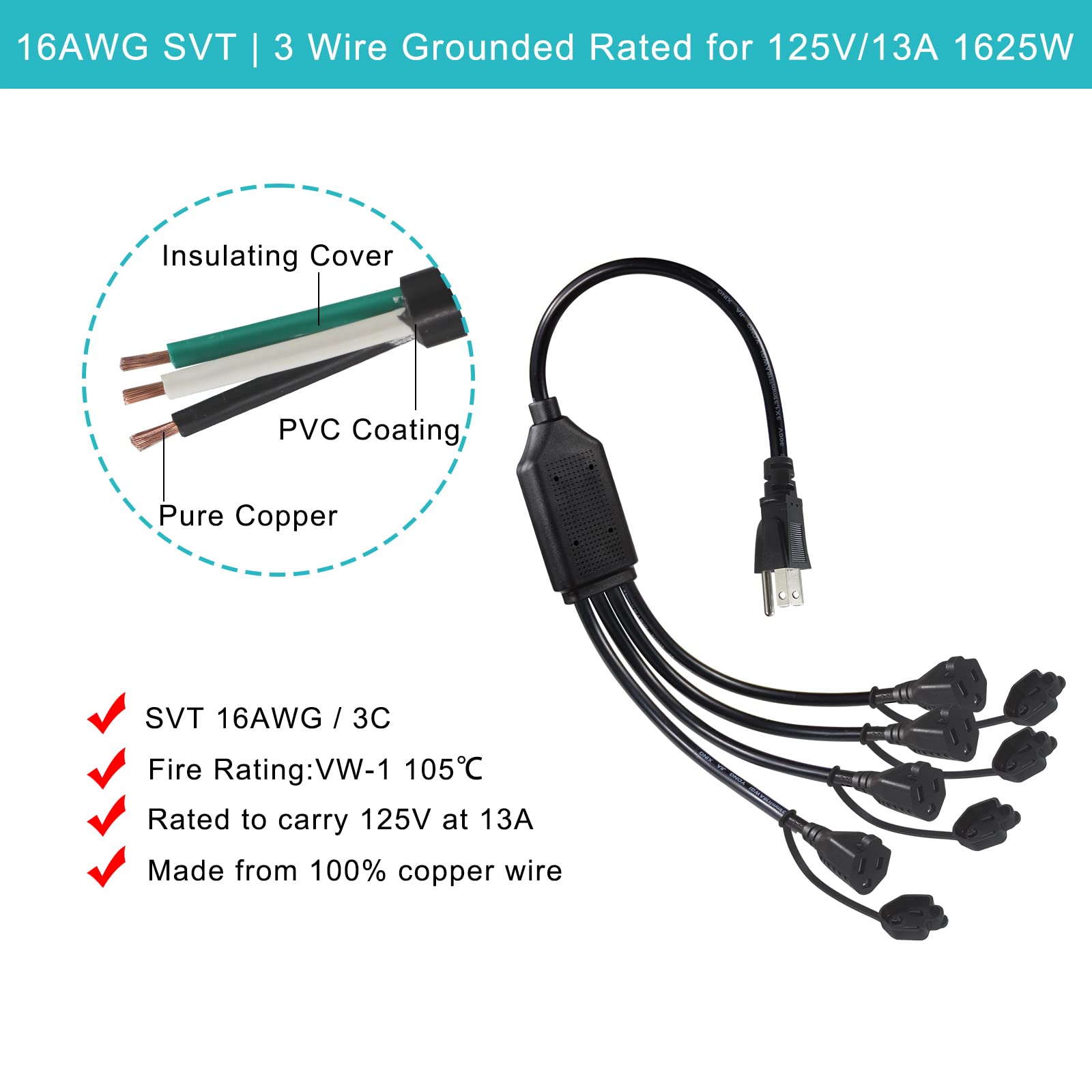 1.5Ft Power Extension Cord 4 Way Splitter  1 To 4 Splitter Outlet Power Cable Black Svt 16 Awg Indoor 3 Prong Extension Cord, 4