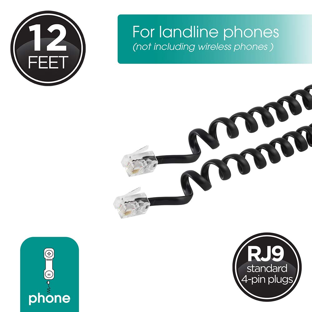 Power Gear Coiled Telephone Cord, 2 Feet Coiled, 12 Feet Uncoiled, Phone Cord Works With All Corded Landline Phones, For Use In