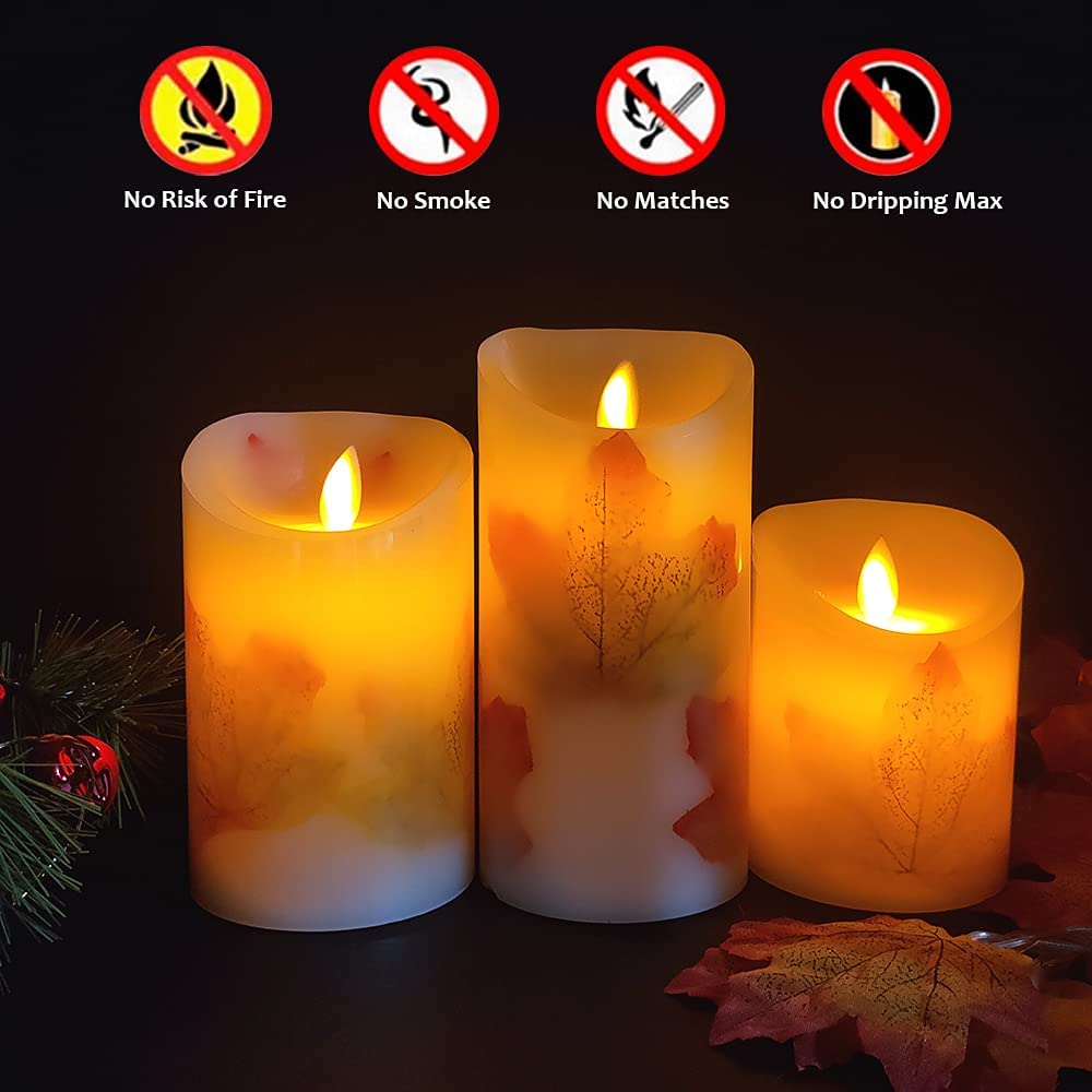 Mivitoom Maple Leaf Flameless Candles Flickering Battery Operated Decorative Candles Set Pack Of 3(D: 3 X H: 4 5 6) Led Candles