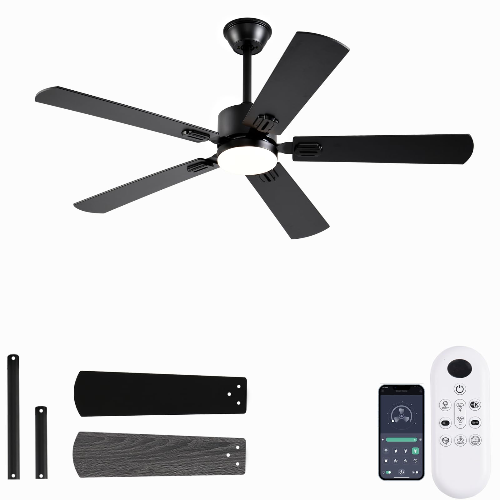 52 Inch Modern Ceiling Fans With Lights App/Remote Control, Low Profile Reversible 6 Speeds Ceiling Fan Light For Indoor/Outdoor