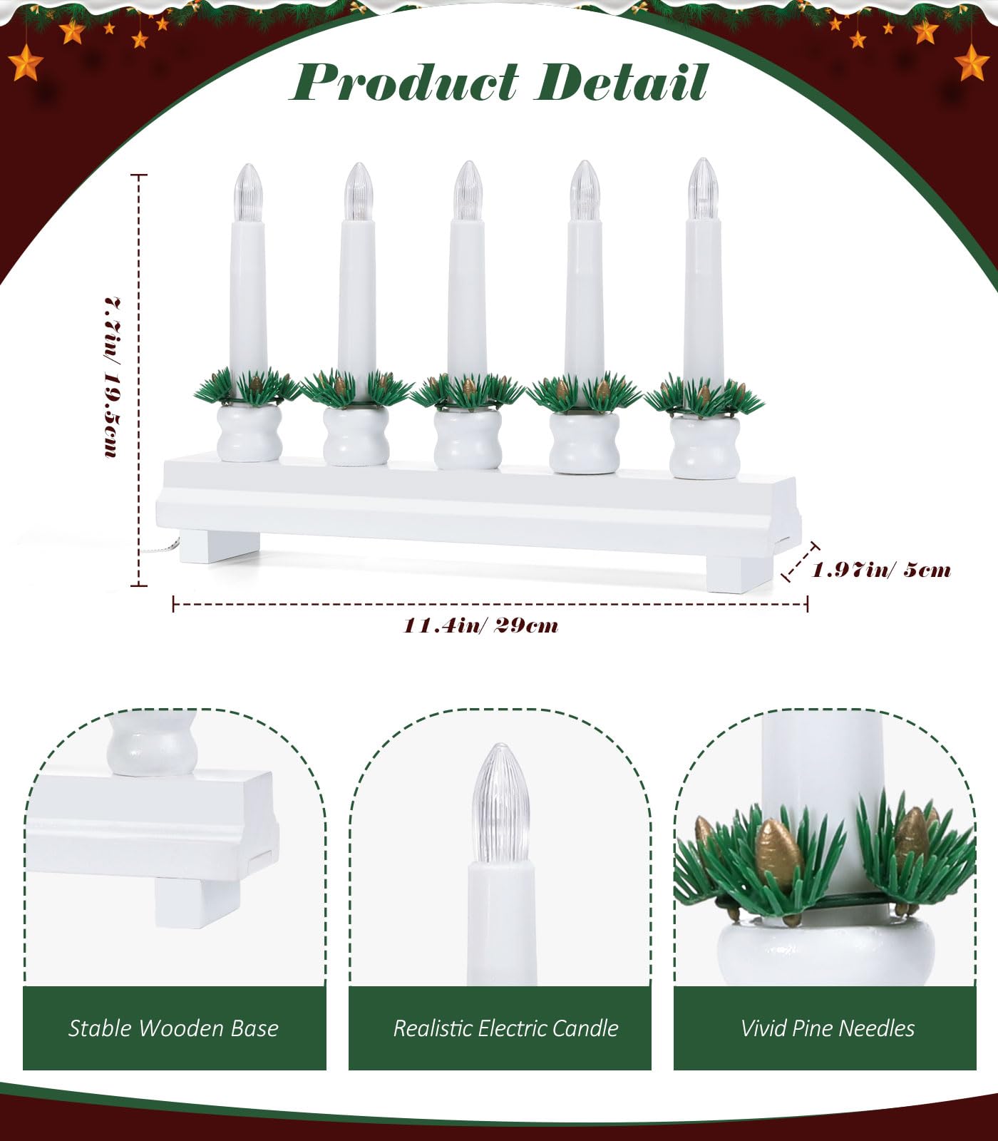 Lewondr Christmas Swedish Candelabra, Electric Candles With 5 Flameless Taper Candles, Wooden Candle Bridge Light With Usb Power