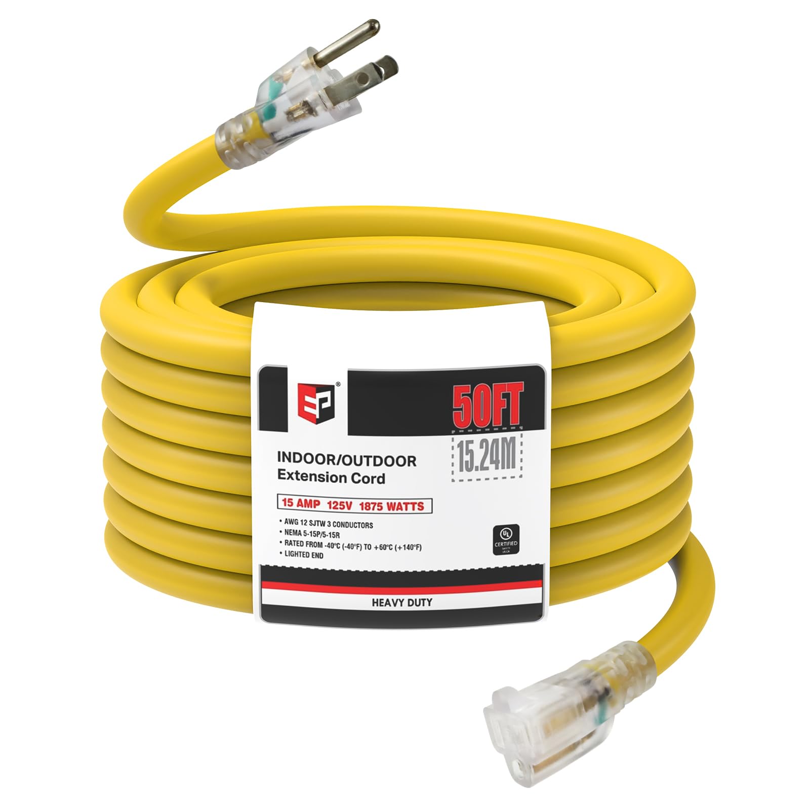 Ep 50 Ft Lighted Outdoor Extension Cord   12/3 Sjtw Heavy Duty Yellow Extension Cable With 3 Prong Grounded Plug   15Amp Power C