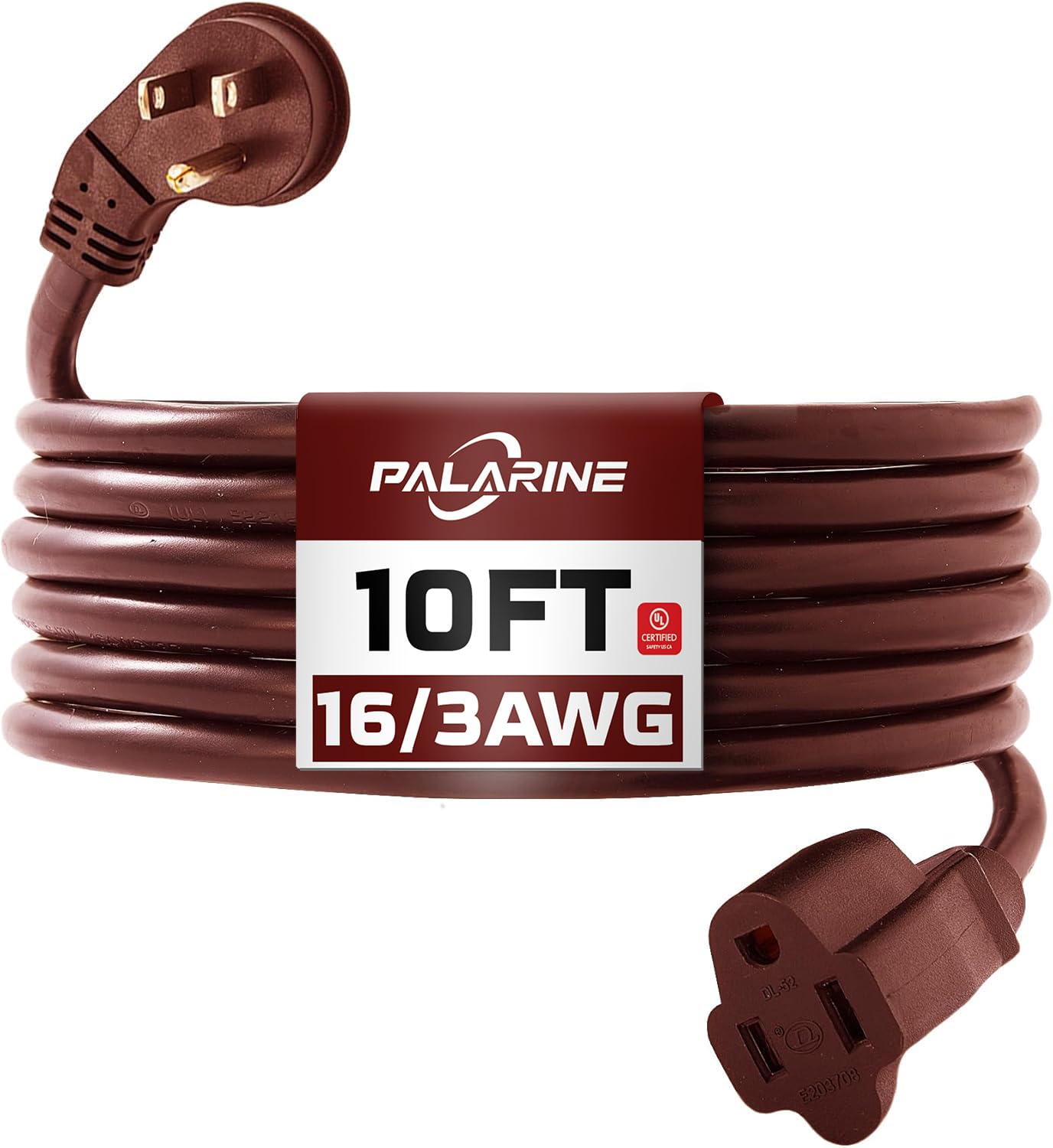 Palarine Indoor Flat Plug Brown Extension Cord 10Ft, Ul Listed, 16/3 Sjtw 3 Prong Heavy Duty, 16 Gauge 13A Power Cord For Lights