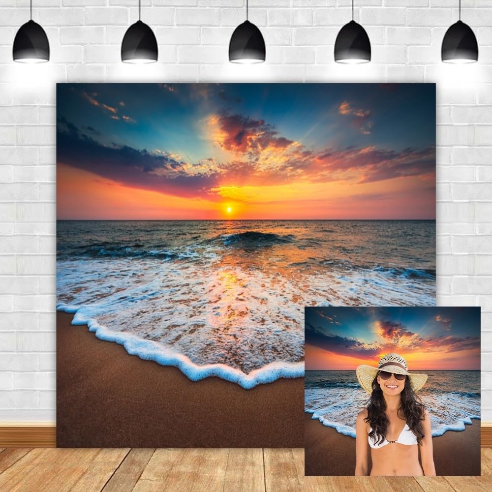 Leyiyi 10X10Ft Photography Background Seaside Sunset Backdrop Wedding Ceremony Hawaiian Luau Party Hula Ocean Wave Foam Beach Sa