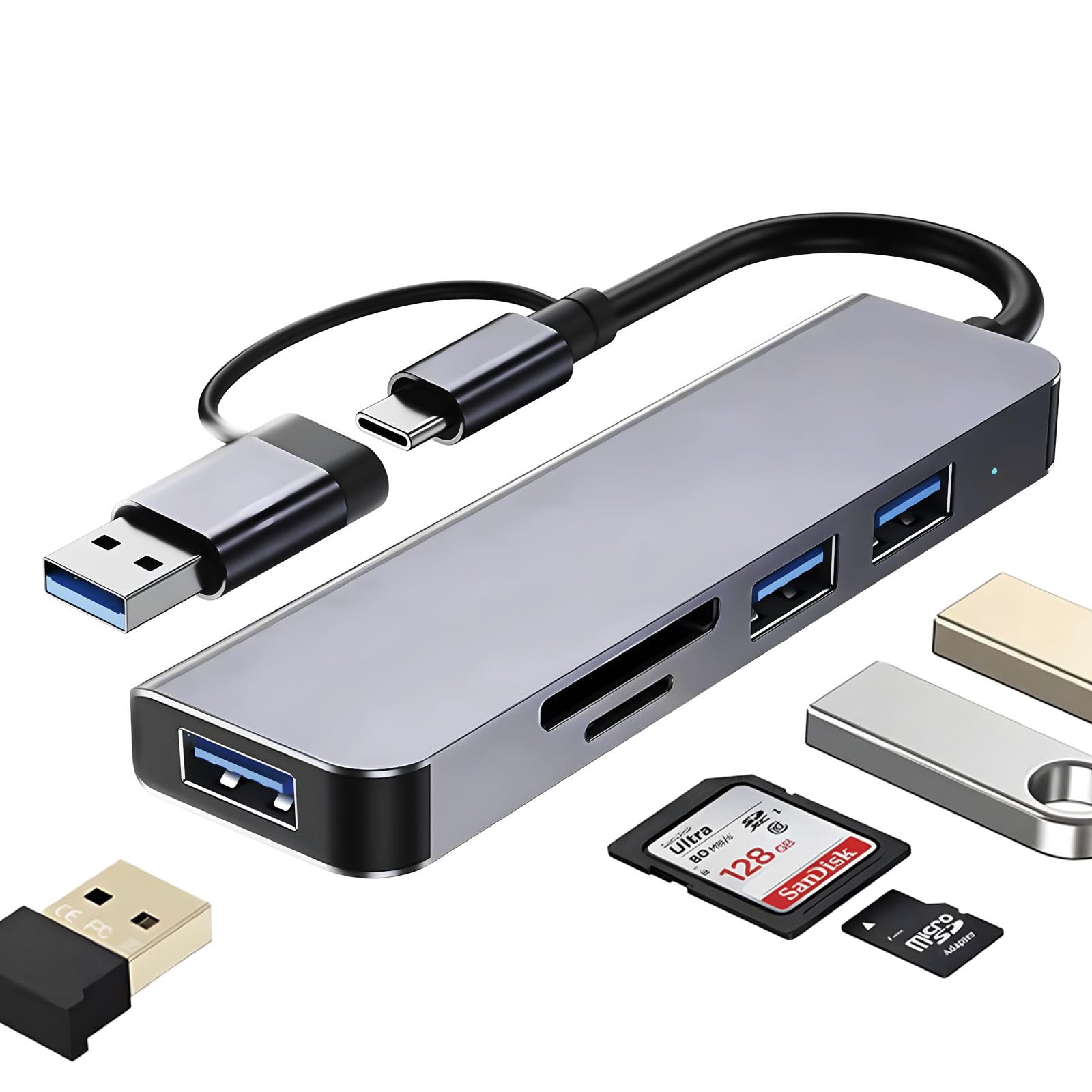 Xuangui Ultra Slim Usb/Usb C Hub, 5 In 1 Usb C To Usb Adapter With 3 Usb A Ports Splitter And Sd/Tf Card Reader, Usb Extender Fo