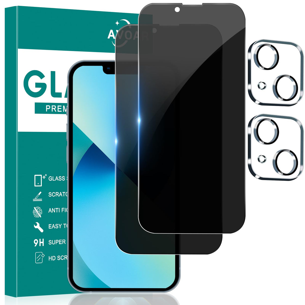 Avoar [2+2 Pack Privacy Screen Protector For Iphone 13 With Camera Lens Protector, 6.1 Inch Tempered Full Screen Glass Accessori