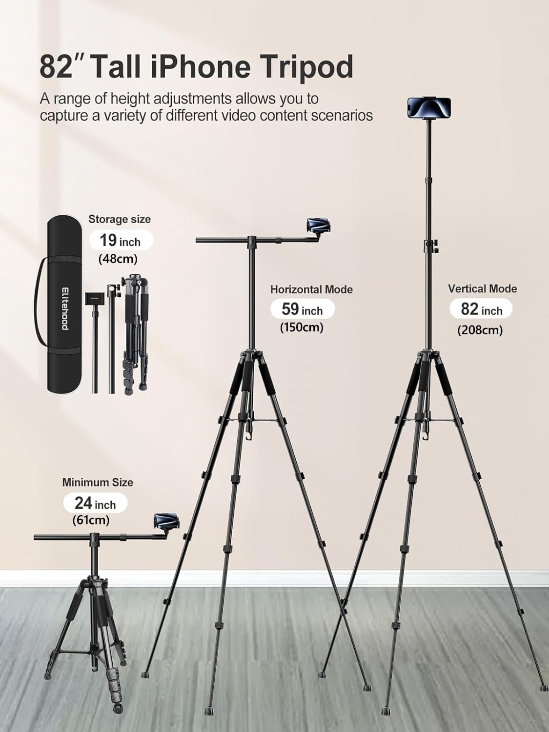 Elitehood Phone Tripod For Overhead Video Recording - Updated Horizontal 59-Inch Adjustable Tripod For Iphone With 25In Long Ext