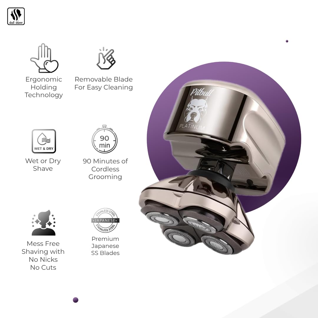 Skull Shaver Pitbull Platinum Pro:Head Shaver For Men   Bald Head Shavers With Wet/Dry Technology, Ergonomic Design, Travel Lock