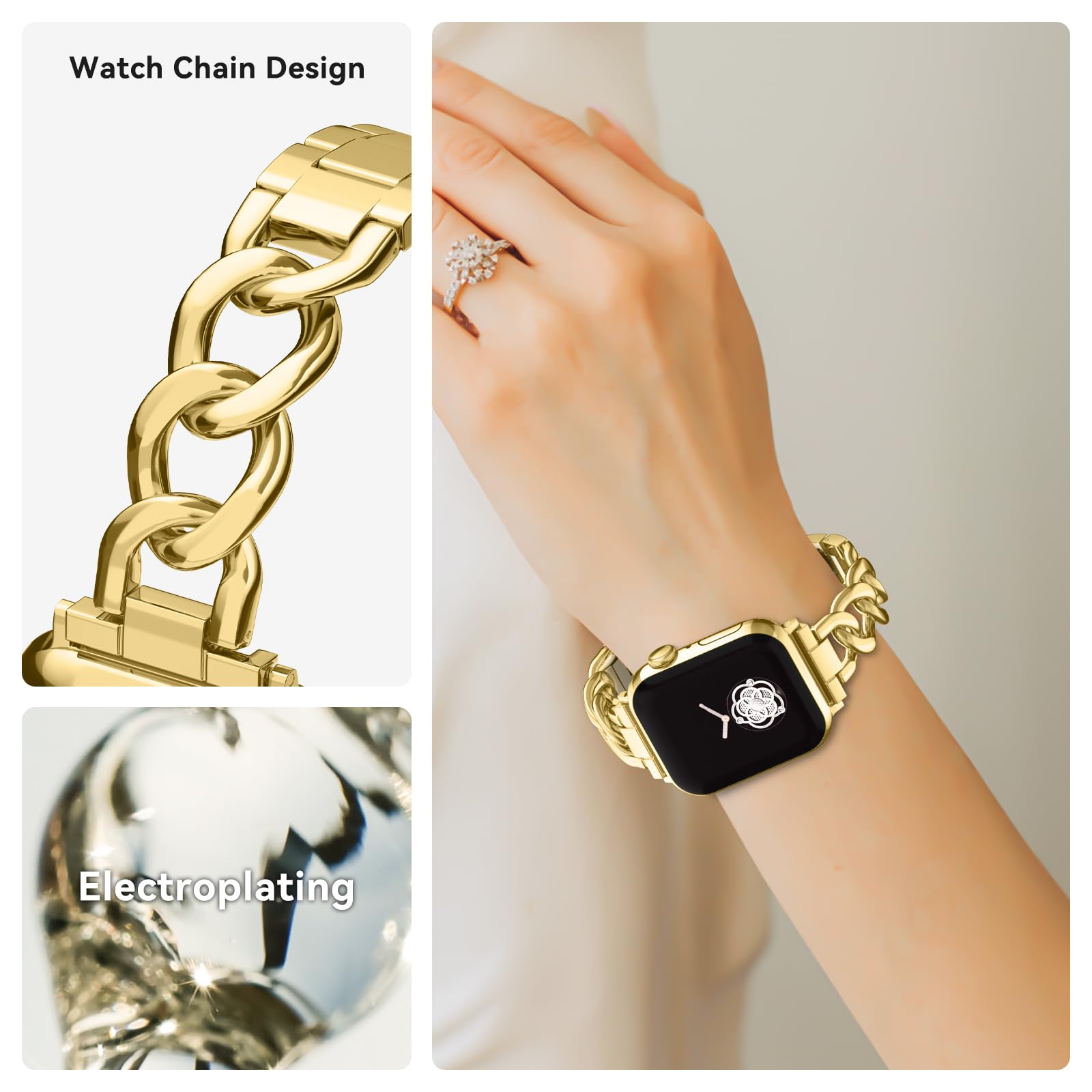 42/44/45 Mm Cool Woman Chain Metal Smartwatch Strap Compatible With Apple Watch Band Series 9/8/7/6/Se/5/4 Adjustable Replacemen