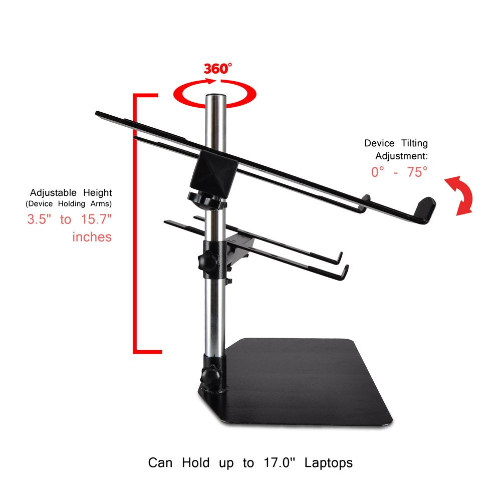 Pyle Portable Dual Laptop Stand - Standing Table Holder With Bracket Arms, Adjustable Height And Ergonomic Design For Dj Mixer,