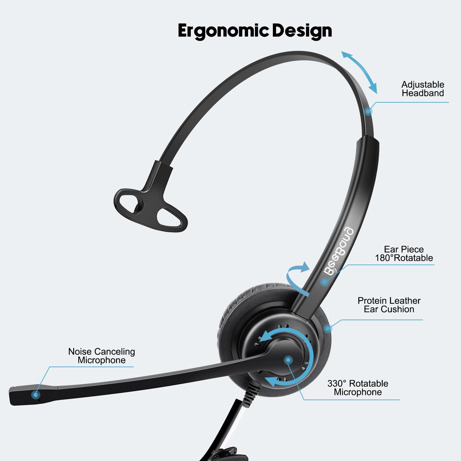 Beebang Telephone Headset With Pro Noise Canceling Microphone, Mono Rj9 Phone Headset For Office Call Center Landline Deskphone,