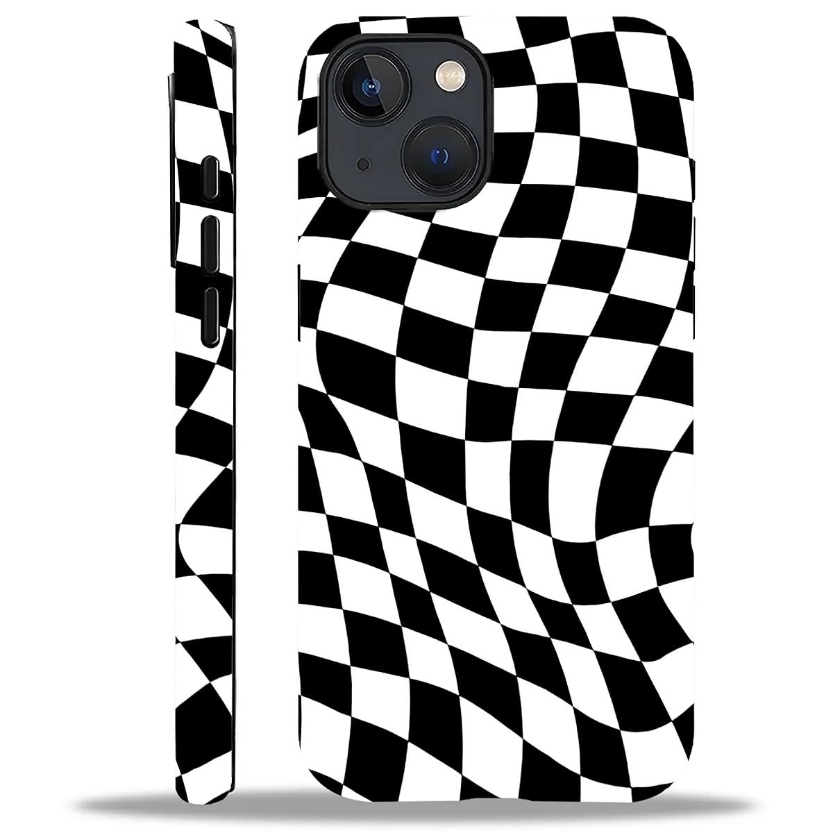 WANKBLC Compatible with iPhone 14 Plus Matte Case, Twisted Black White Checkered Pattern for Girl Full Body Design Soft Silicone