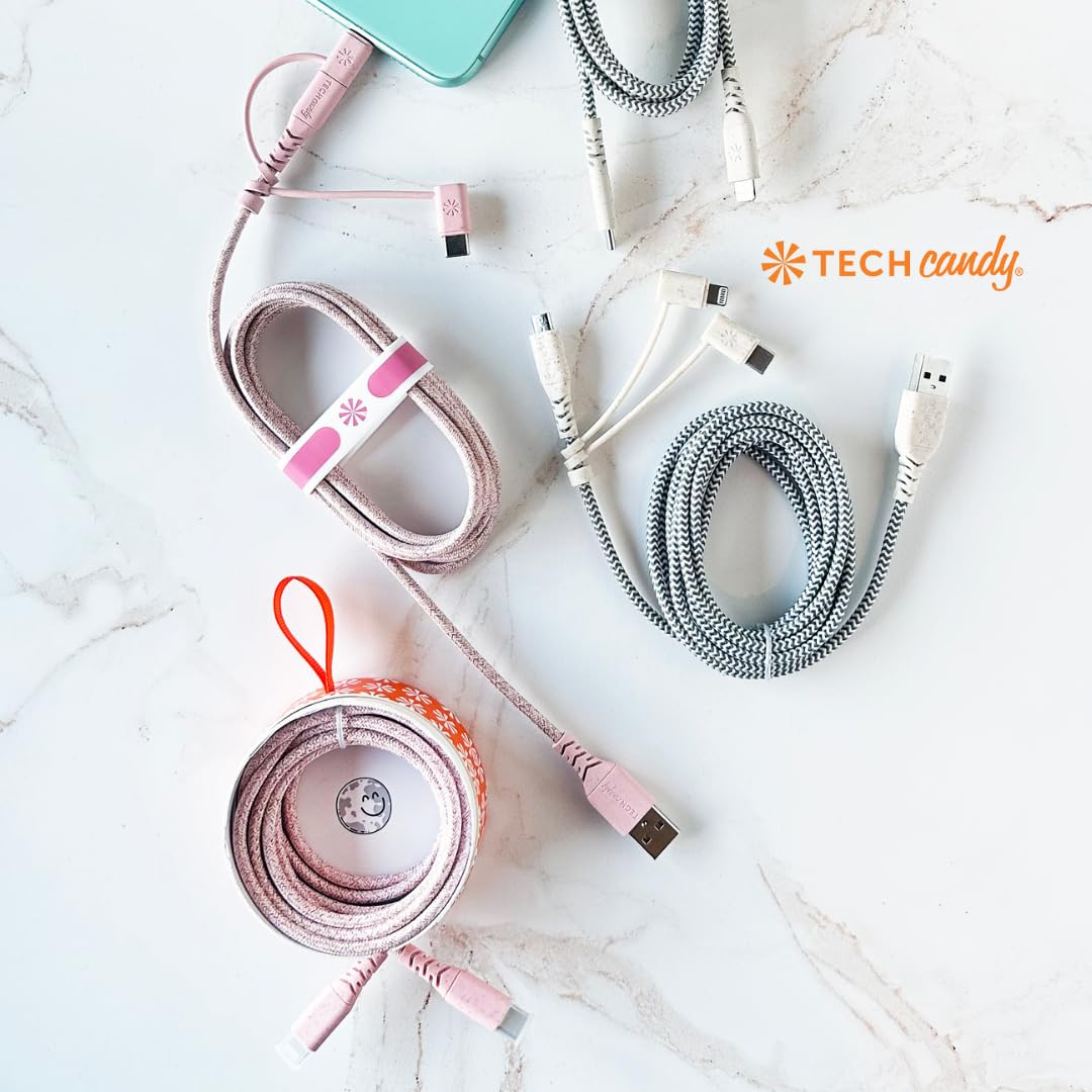 Tech Candy Eco Charge Usb Cable, Rose/Pink   3 Tip Universal Charger, Usb A To Lightning/Micro Usb/Usb C, 6 Long Cord, Made With