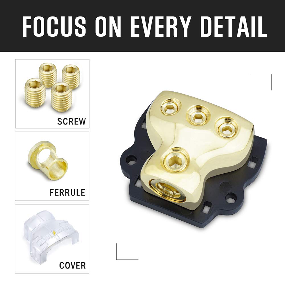 Leigesaudio 0/2/4 Gauge In 4/8/10 Gauge Out Copper Amp Power Distribution Block For Car Audio Splitter (3 Way)