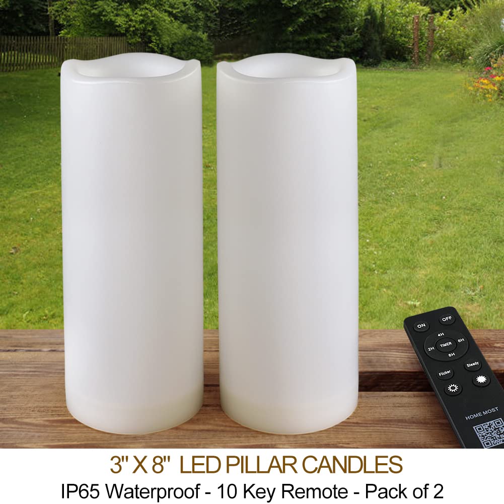 Home Most Pack Of 2 White Led Candles Outdoor 3X8   Unscented Ip65 Waterproof Battery Powered Flameless Led Pillar Candles With