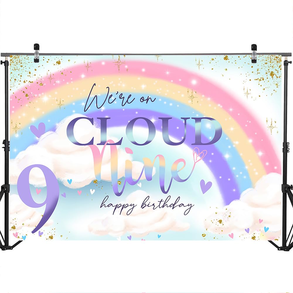 Mocsicka On Cloud 9 Birthday Backdrop On Cloud 9 Birthday Decoration For Girls Cute Rainbow Cloud 9Th Girl Birthday Background P