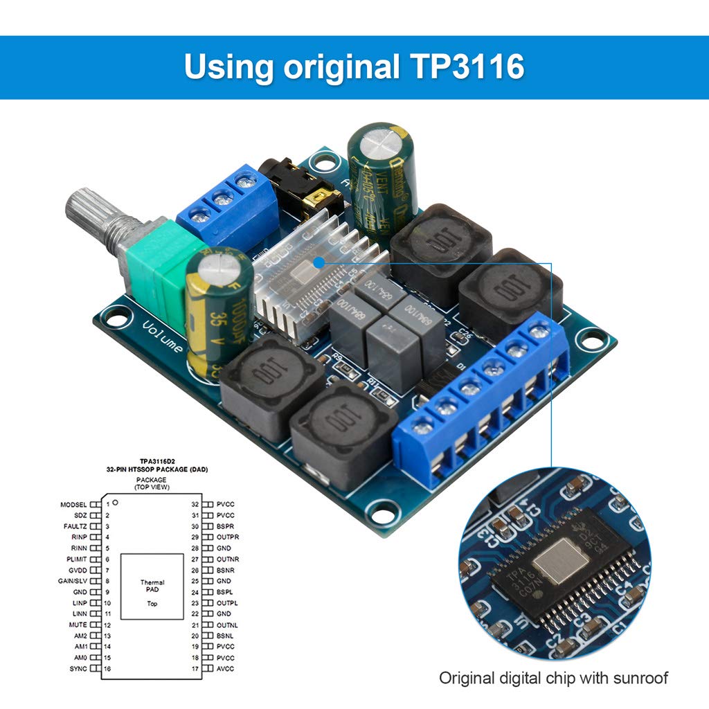 2Pcs Digital Amplifier Board,Tpa3116D2 Dual Channel Audio Stereo Amp High Power Digital Subwoofer Power Amplifier Board 2X50W 5V 12V 24V For Store Solicitation Home Theater Square Diy Speakers
