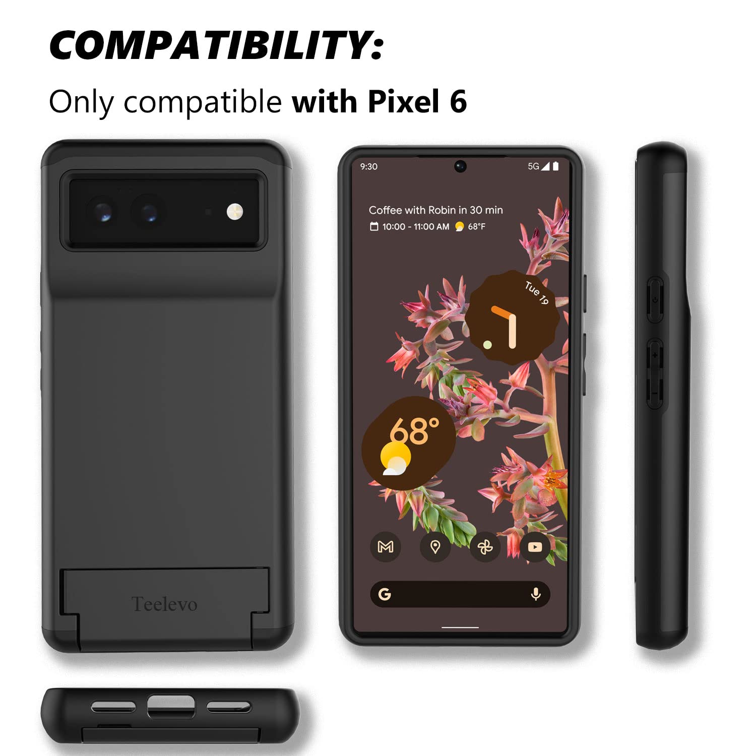 Teelevo Dual Layer Wallet Case For Google Pixel 6, Protective Case With 3 Card Storage For Google Pixel 6   Black