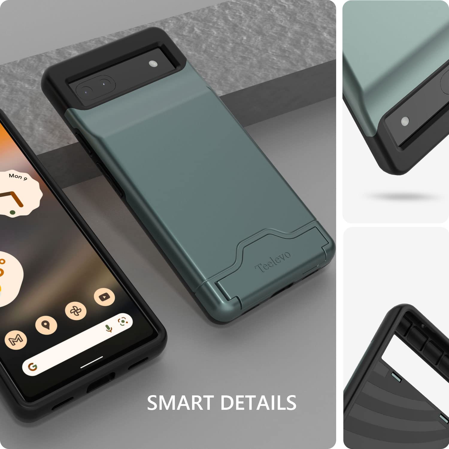 Teelevo Dual Layer Wallet Case for Google Pixel 6a 3-Card Storage Polycarbonate Dark Green