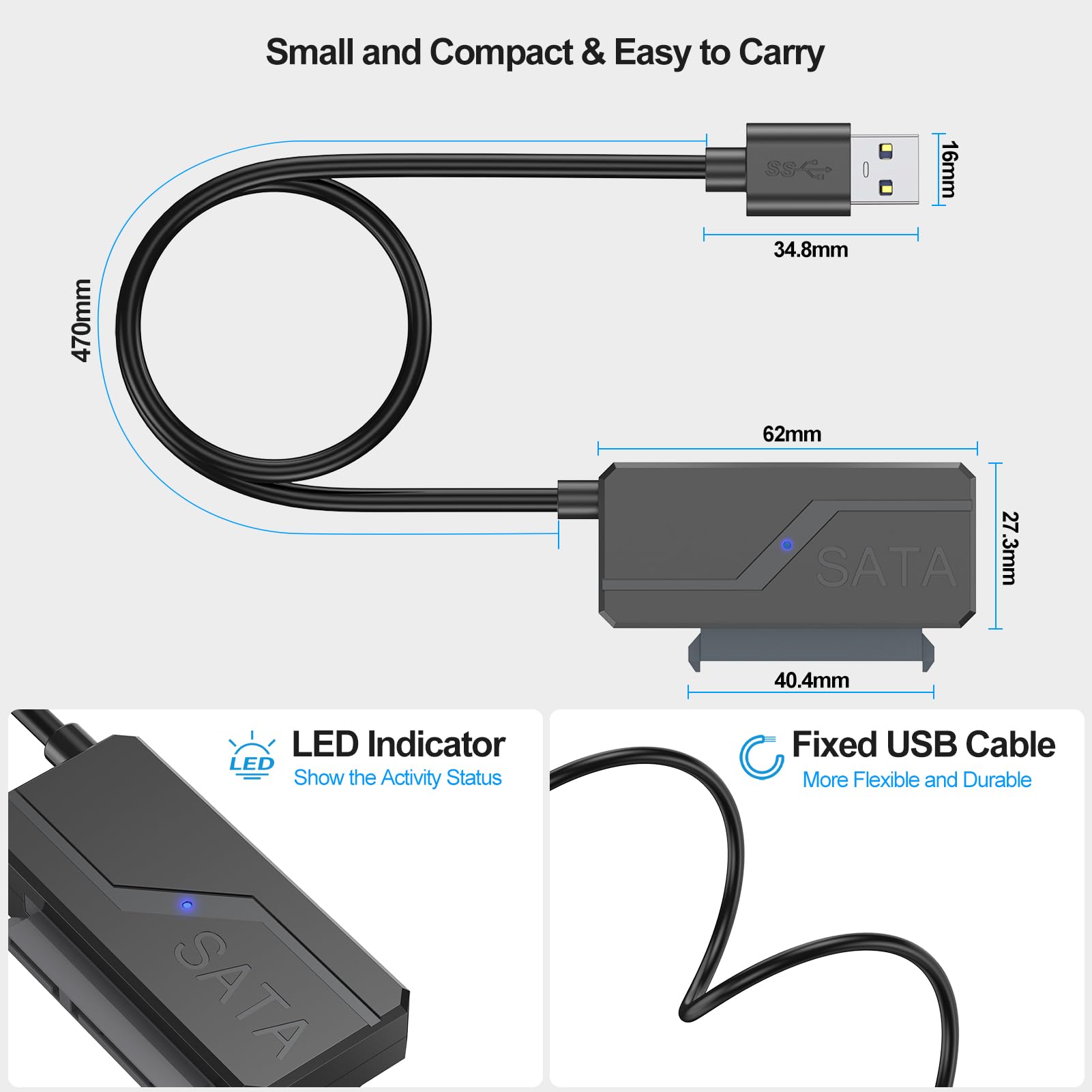 Clavoop Sata To Usb Adapter With Power, Usb 3.0 To Sata Iii Converter With 12V 24W Adapter External Hard Drive Cable For 2.5 3.5