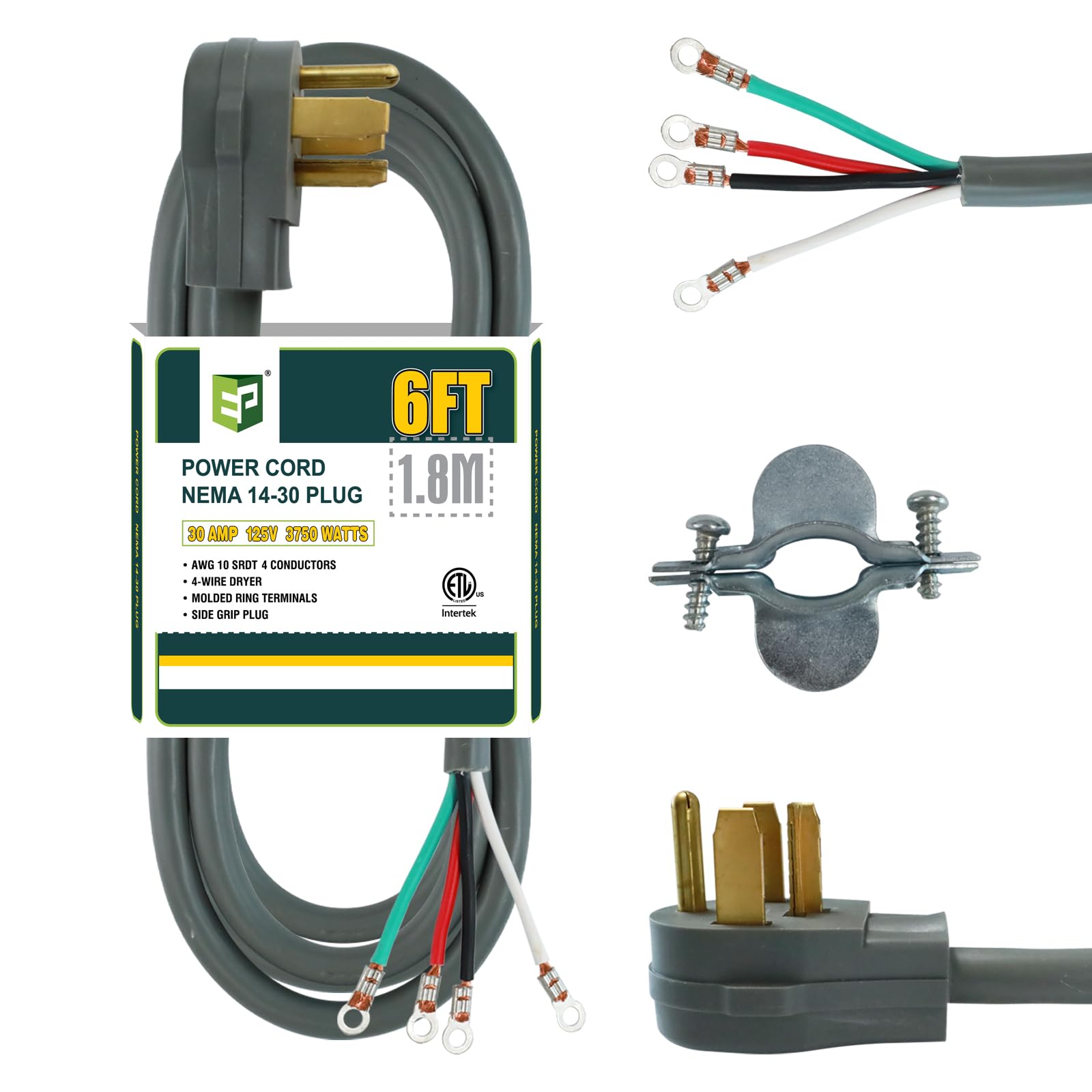 Ep 4 Prong Dryer Cord, 6 Ft 10/4 Srdt, 30Amp Appliance Extension Power Cord, Nema 14 30, Grey