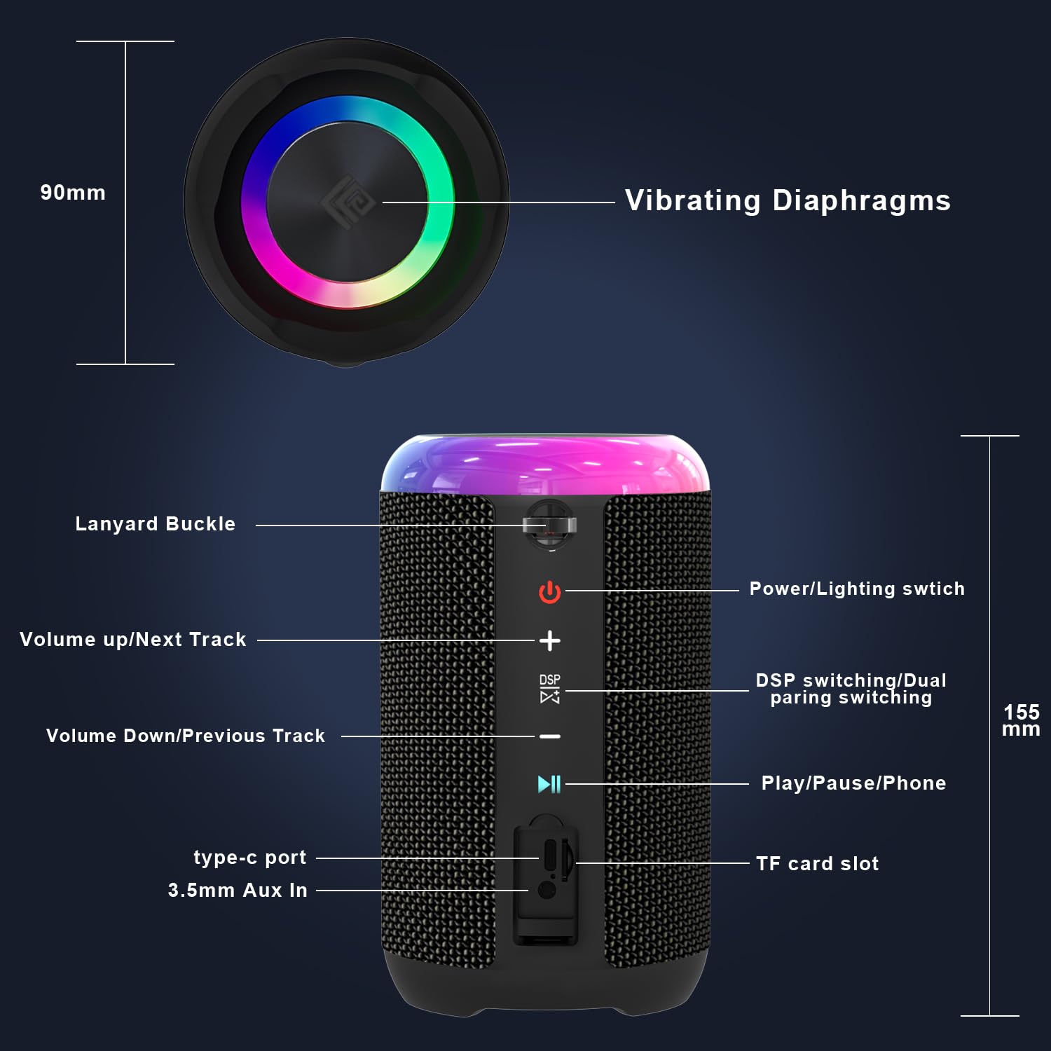 Geektop Portable Bluetooth Speaker, Stereo Sound Wireless Speakers With Ipx7 Waterproof, Led Lights, Dual Pairing Speaker For Party/Home/Outdoor/Beach, Birthday Gift, Black