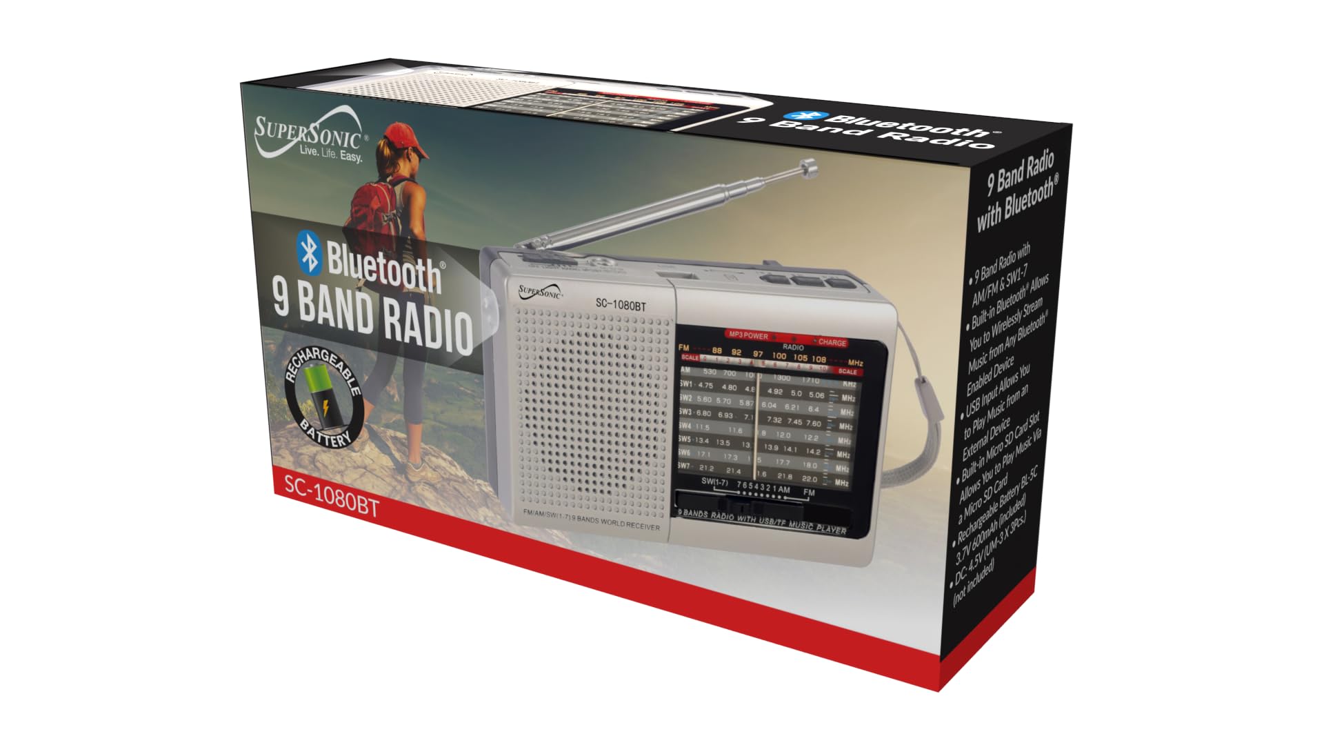 Supersonic Sc-1080Bt 9-Band Radio With Bluetooth, Portable Small Multi Band Radio Stereo, Usb And Micro Sd Input, Torch Light, A