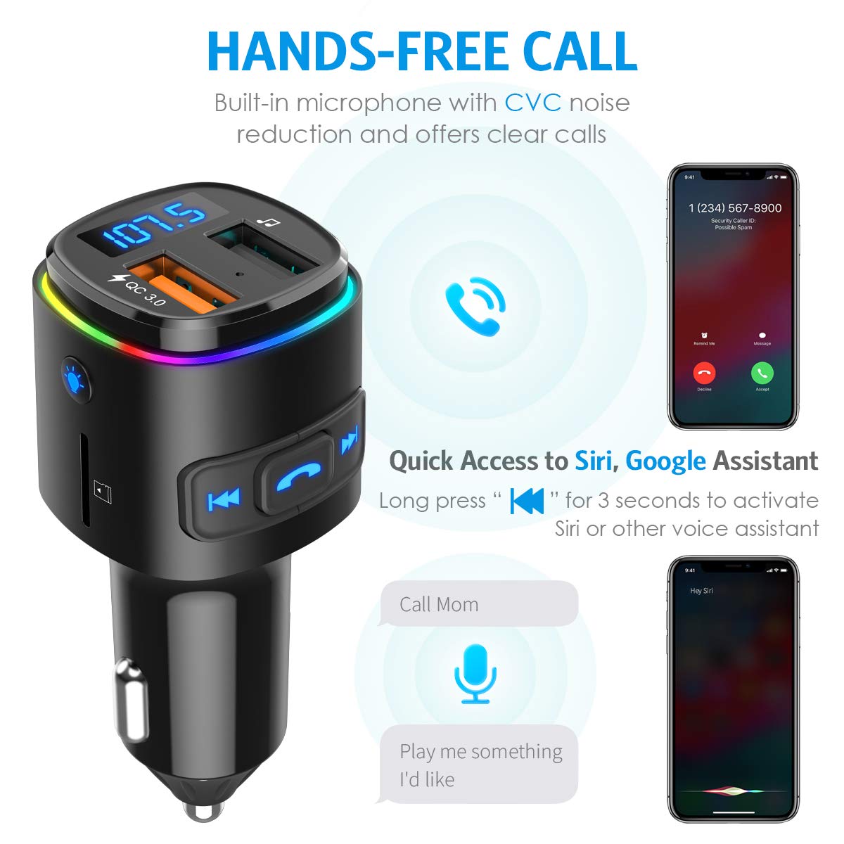 Upgraded Criacr V5.0 Bluetooth Fm Transmitter For Car, Qc3.0 Charge & 7 Rgb Color Led Backlit Wireless Fm Radio Car Adapter, Sup