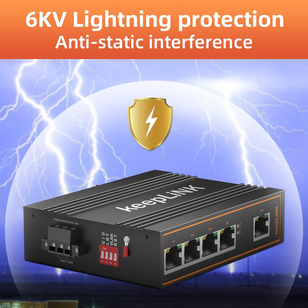 Keeplink 5 Port Industrial Gigabit Switch Unmanaged, Ethernet Din Rail Switch, Ip40 Operating Temperature Range Of  30   75C ( 2