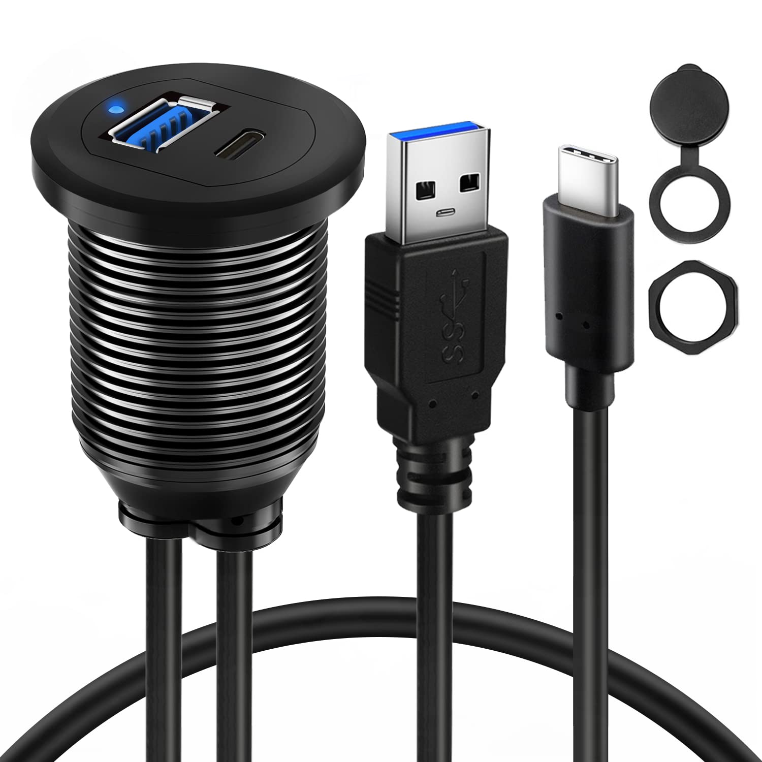 Batige Type C 3.0 Usb 3.0 Alloy Shell Car Mount Flush Usb Port Cable Male To Female, Car Truck Boat Motorcycle Dashboard Panel Extension Cable Led Indicator   3Ft