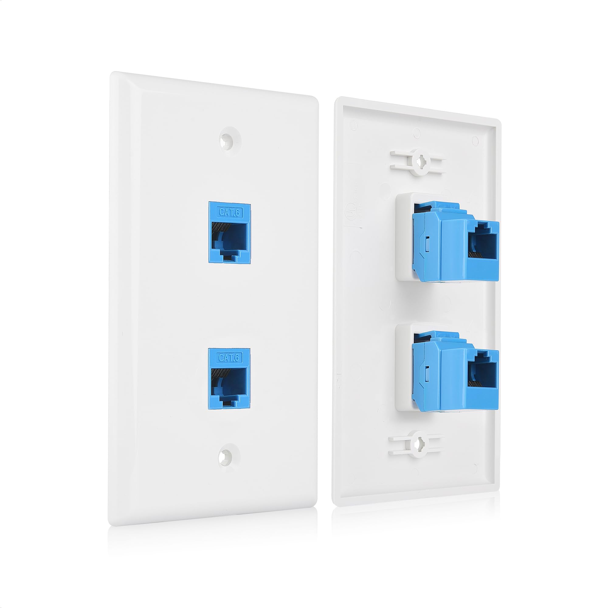 Cable Matters 2 Pack 2 Port Ethernet Wall Plate, Cat6 Wall Plate / Cat5 Ethernet Wall Outlet In White With Blue Ethernet Keyston