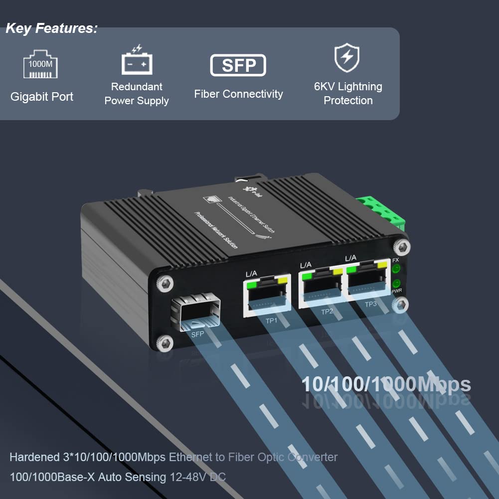 3 Port Hardened Industrial Gigabit Din Rail Switch,10/100/1000Mbps Ethernet Switch Din Rail 24V,8Gbps Switching Capacity,Ip40 Ra