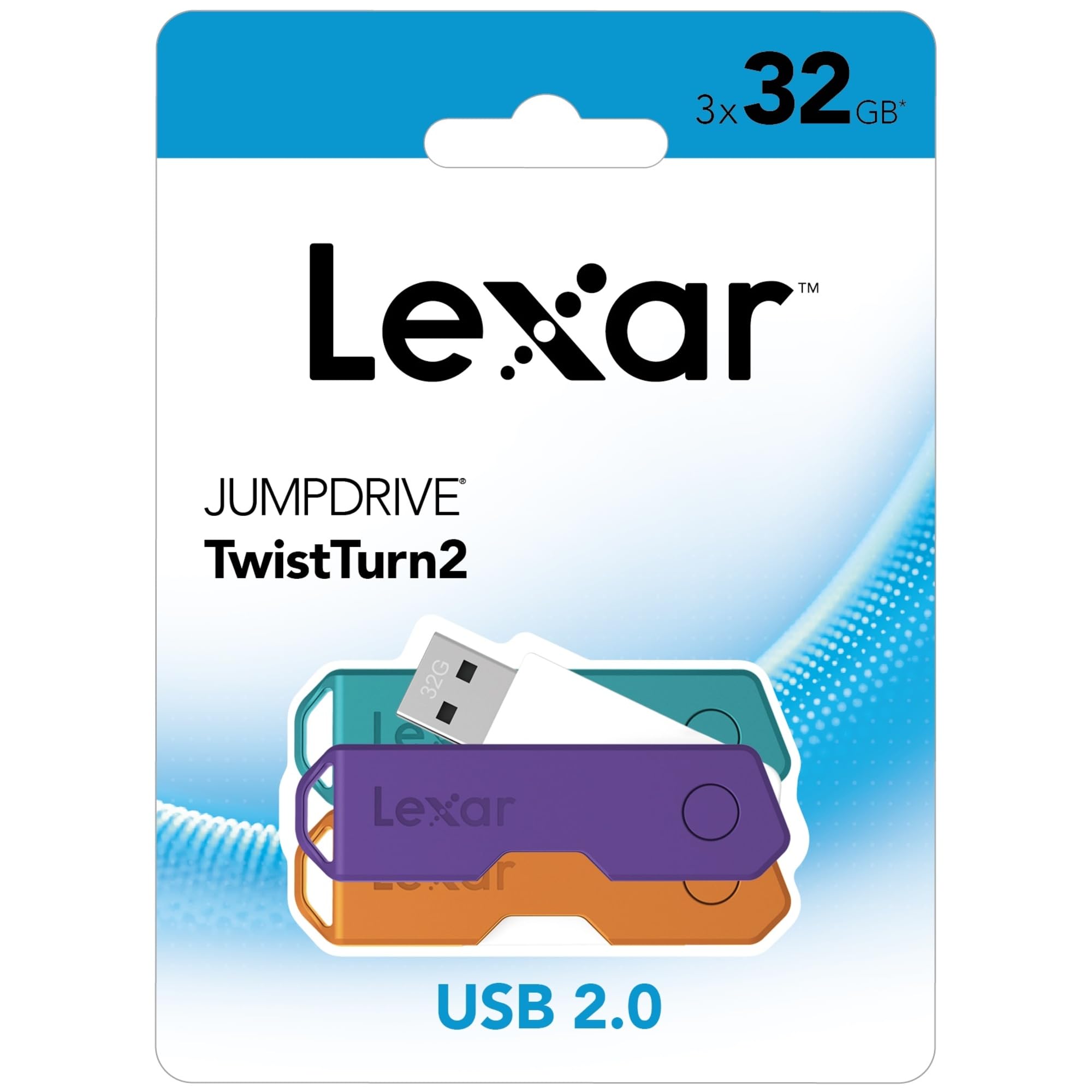 Lexar JumpDrive TwistTurn2 USB 2.0 Flash Drives, 32GB, Pack Of 3 Flash Drives, LJDTT2-32GABNA3