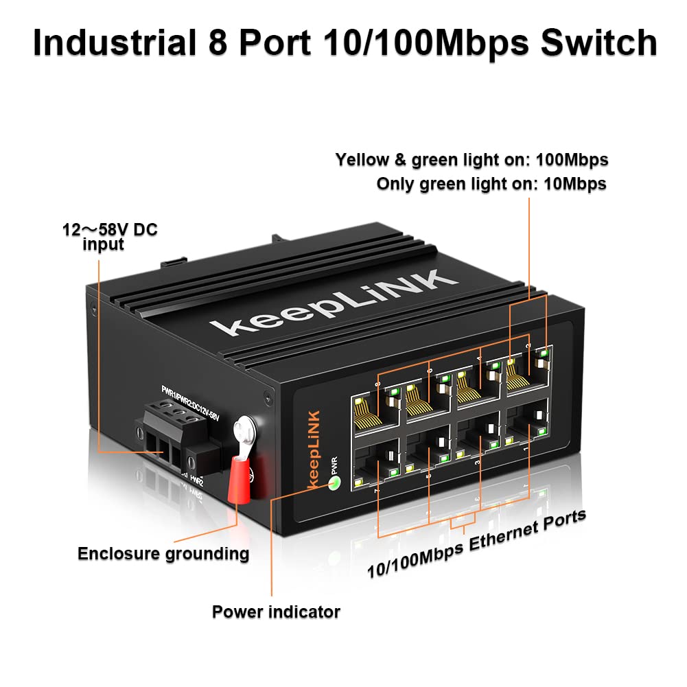 Keeplink 8 Port Industrial Ethernet Switch, Unmanaged 10/100Mbps Din Rail Network Switch, Ip40, Operating Temperature Range Of