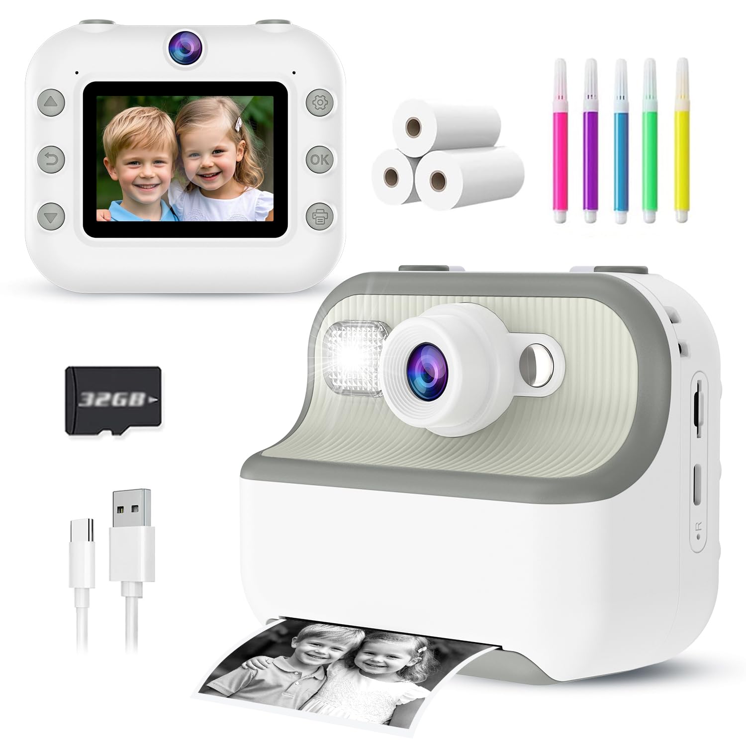 Instant Print Camera For Kids, Christmas Birthday Gifts For Girls Boys, Hd Dual Digital Video Cameras For Kids, Portable Toy For