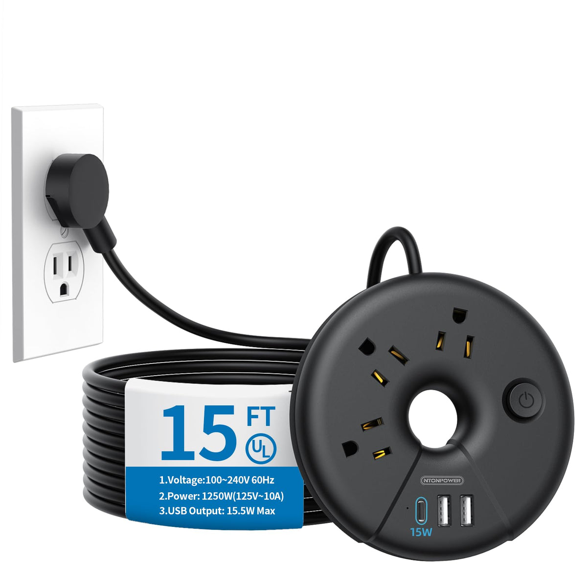Extra Long Extension Cord 15 Ft, Ntonpower Flat Plug Power Strip With 3 Outlets 3 Usb Ports(1 Usb C), Flat Plug Extension Cord,