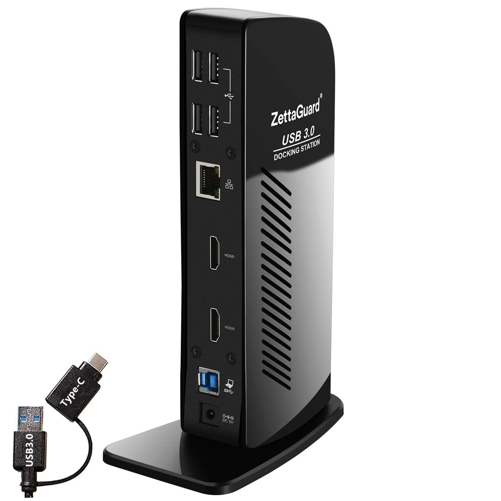 ZettaGuard USB 3.0 and USBC Universal Laptop Docking Station for Windows and Mac (Dual 4K Video HDMI, Gigabit Ethernet, 6 USB 3