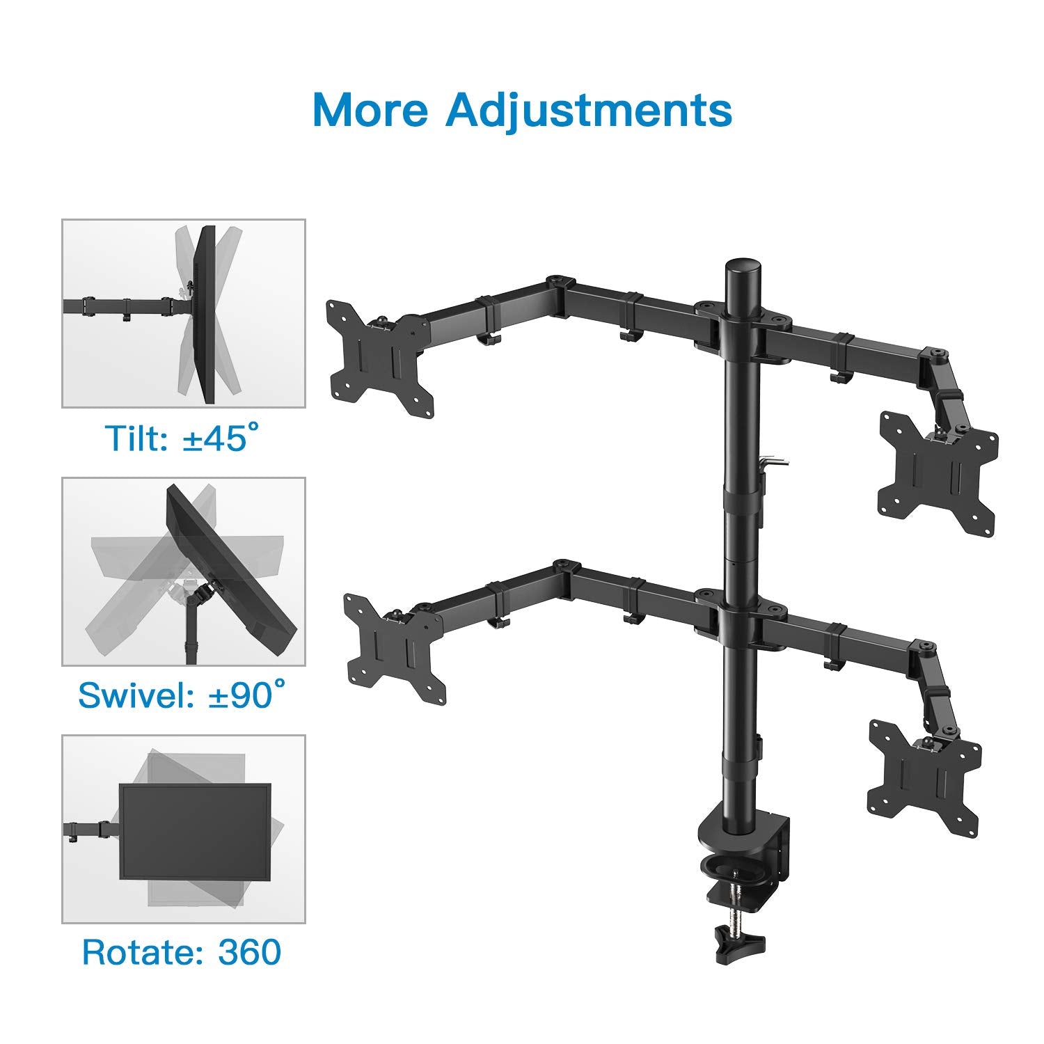 Huanuo Quad Monitor Stand, 4 Monitor Desk Mount For 13 27 Inch Computer Screens With Full Articulation, Heavy Duty Monitor Arm D