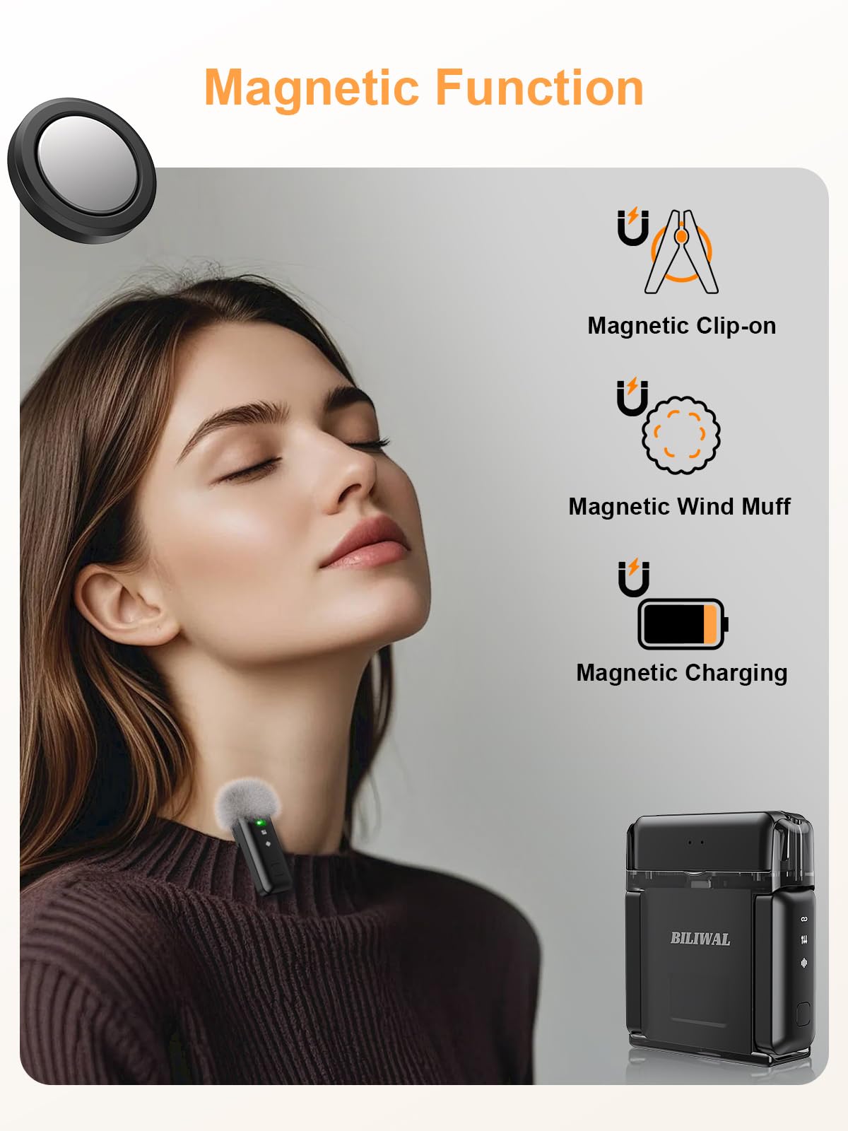 Biliwal Wireless Lavalier Microphone For Iphone/Android/Laptop With Magnetic Wind Muff/Patch/Clip, Mini Mic With Noise Reduction