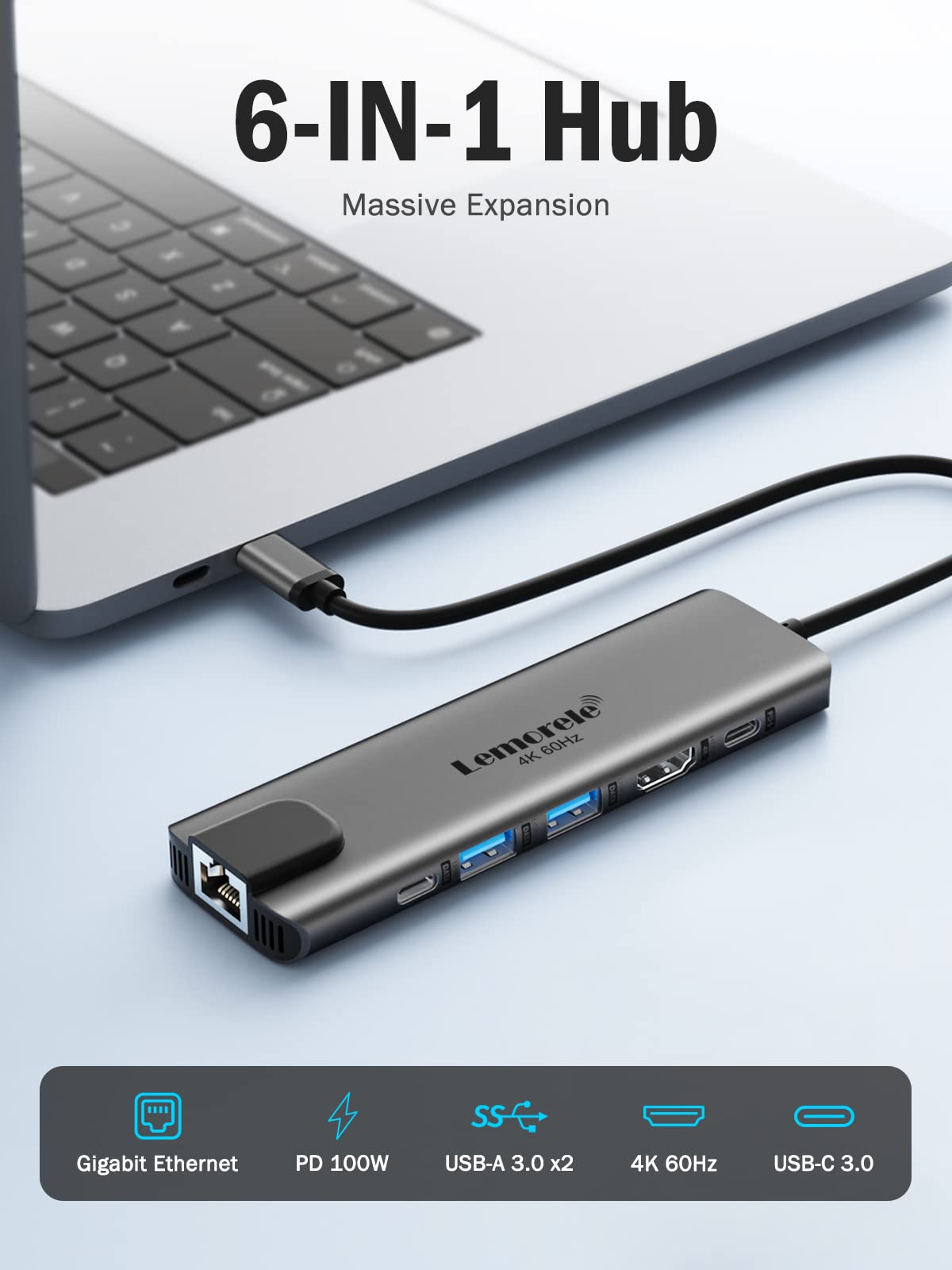 Usb C Hub, Lemorele Usb C Hub (6 In 1) With 4K@60Hz Hdmi, Gigabit Ethernet,100W Power Delivery, Usb C And 2 Usb A 5 Gbps Data Po