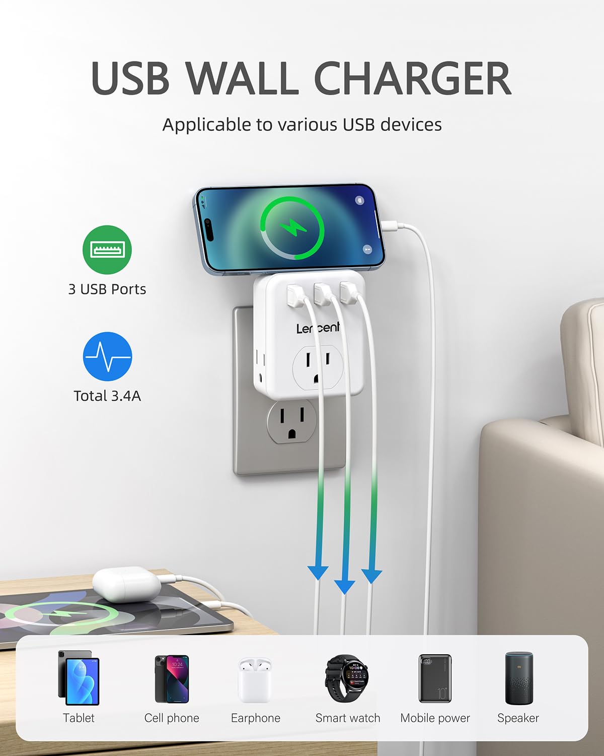 Lencent Multi Plug Outlet Extender, 2 Pack, 3 Outlets Splitter With 3 Usb Ports, Usb Brick, Wall Charger, 3 Prong Power Charging