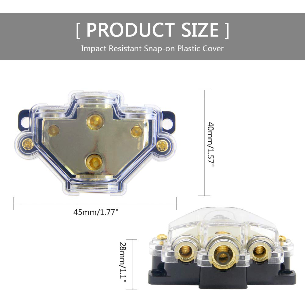 Rkurck 3 Way Power Distribution Block, 0/2/4 Awg Gauge In, 4/8 Gauge Out, Car Audio Stereo Amp Distribution Connecting Block For