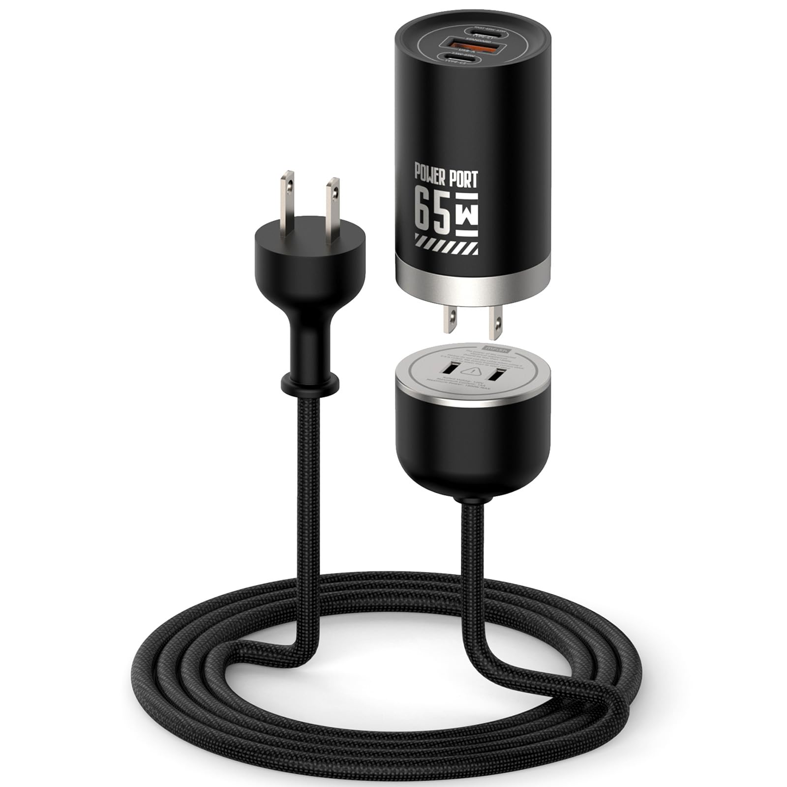 MFish 65W 3Port GaN USB C Charger with Detachable 5Ft Cord, Matte Black